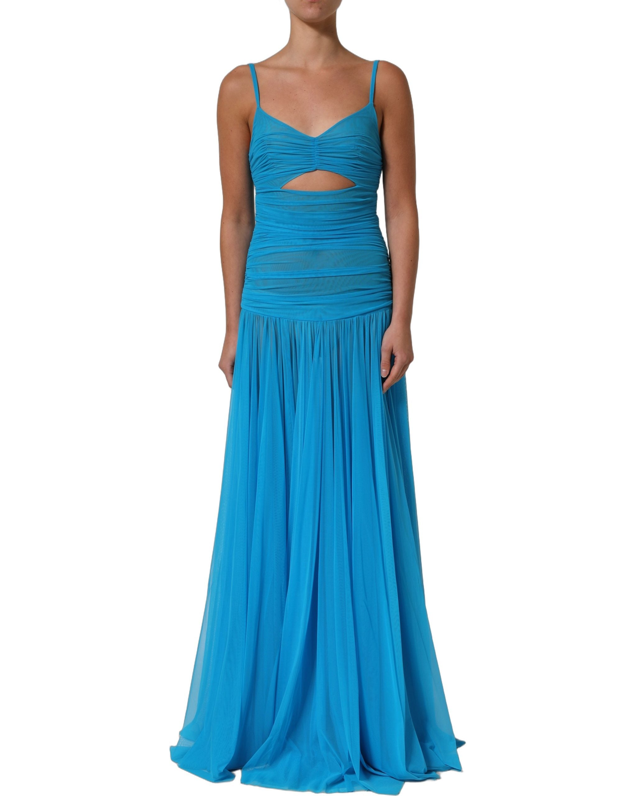 Dolce & Gabbana Blue Nylon Pleated Chiffon CutOut Gown Dress