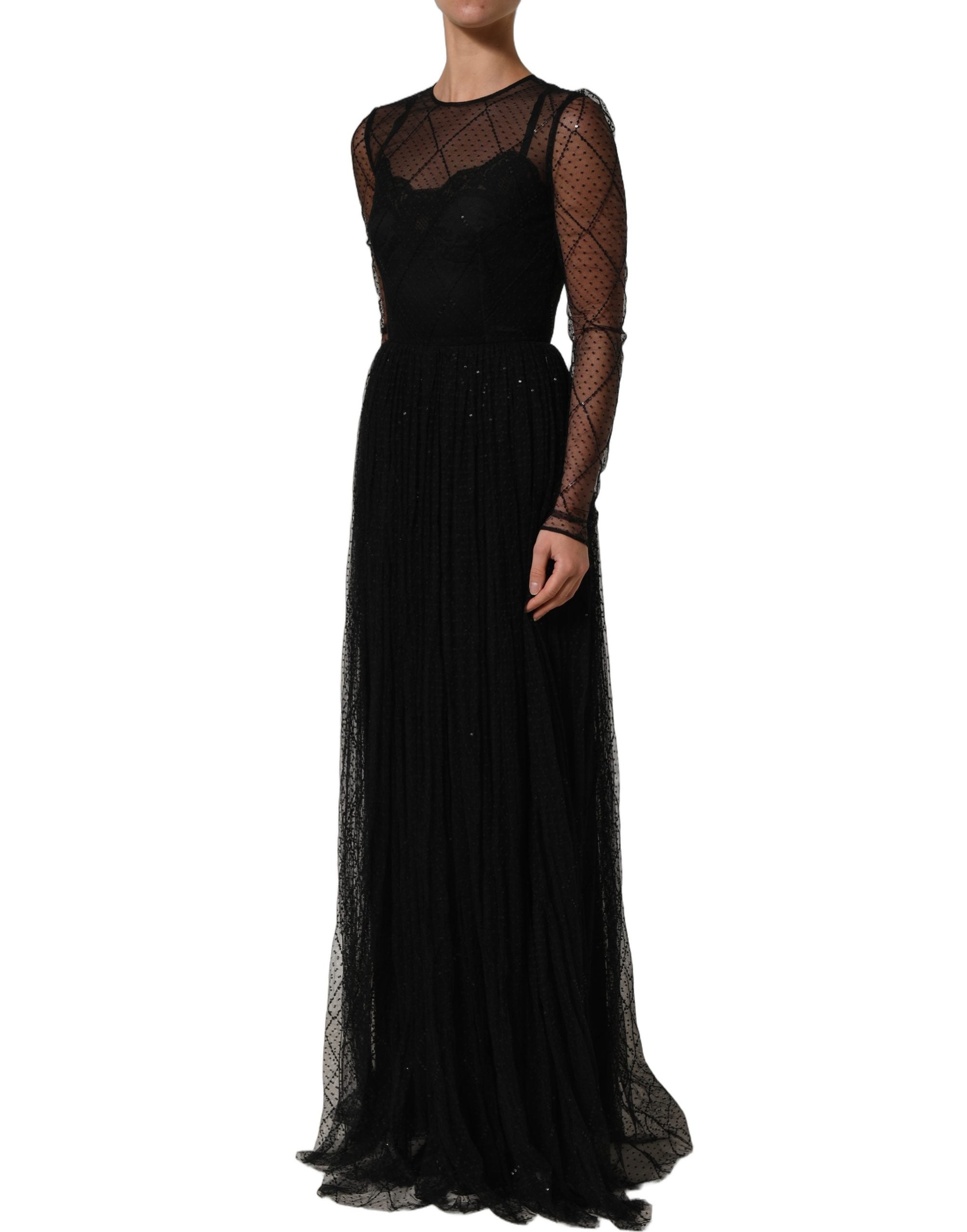 Dolce & Gabbana Black Mesh Lace Long Sleeved Maxi Gown Dress