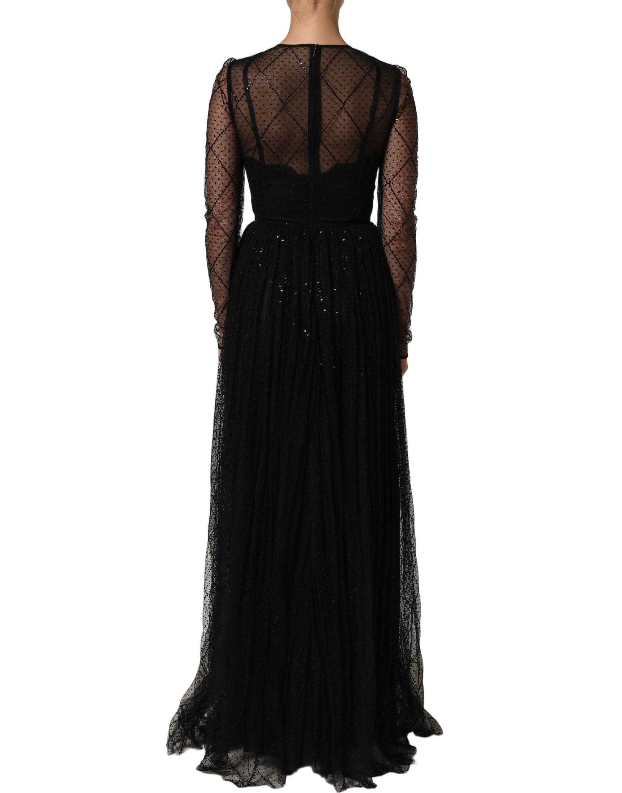 Dolce & Gabbana Black Mesh Lace Long Sleeved Maxi Gown Dress