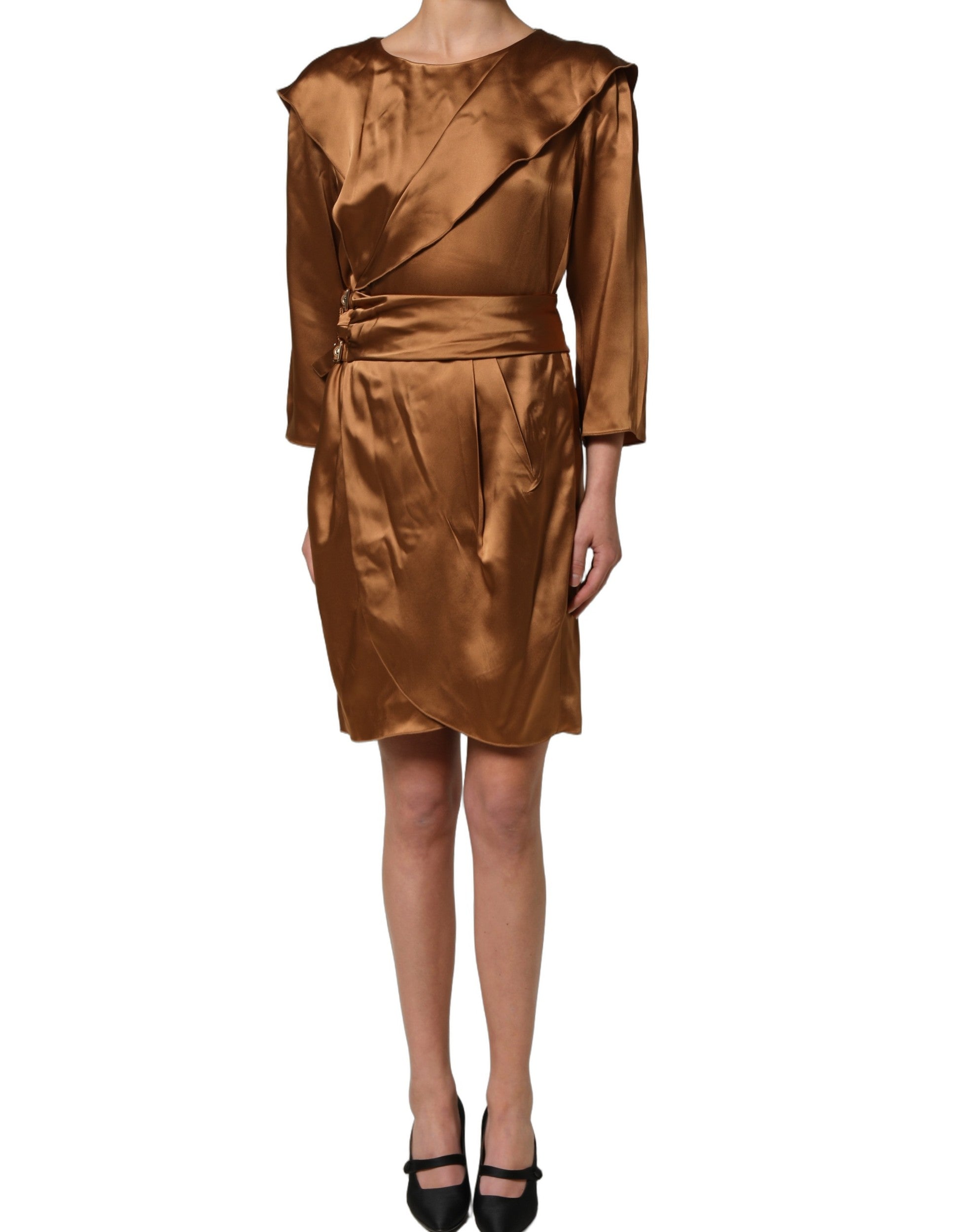 Emporio Armani Brown Satin Acetate Wrap Sheath Mini Belted Dress