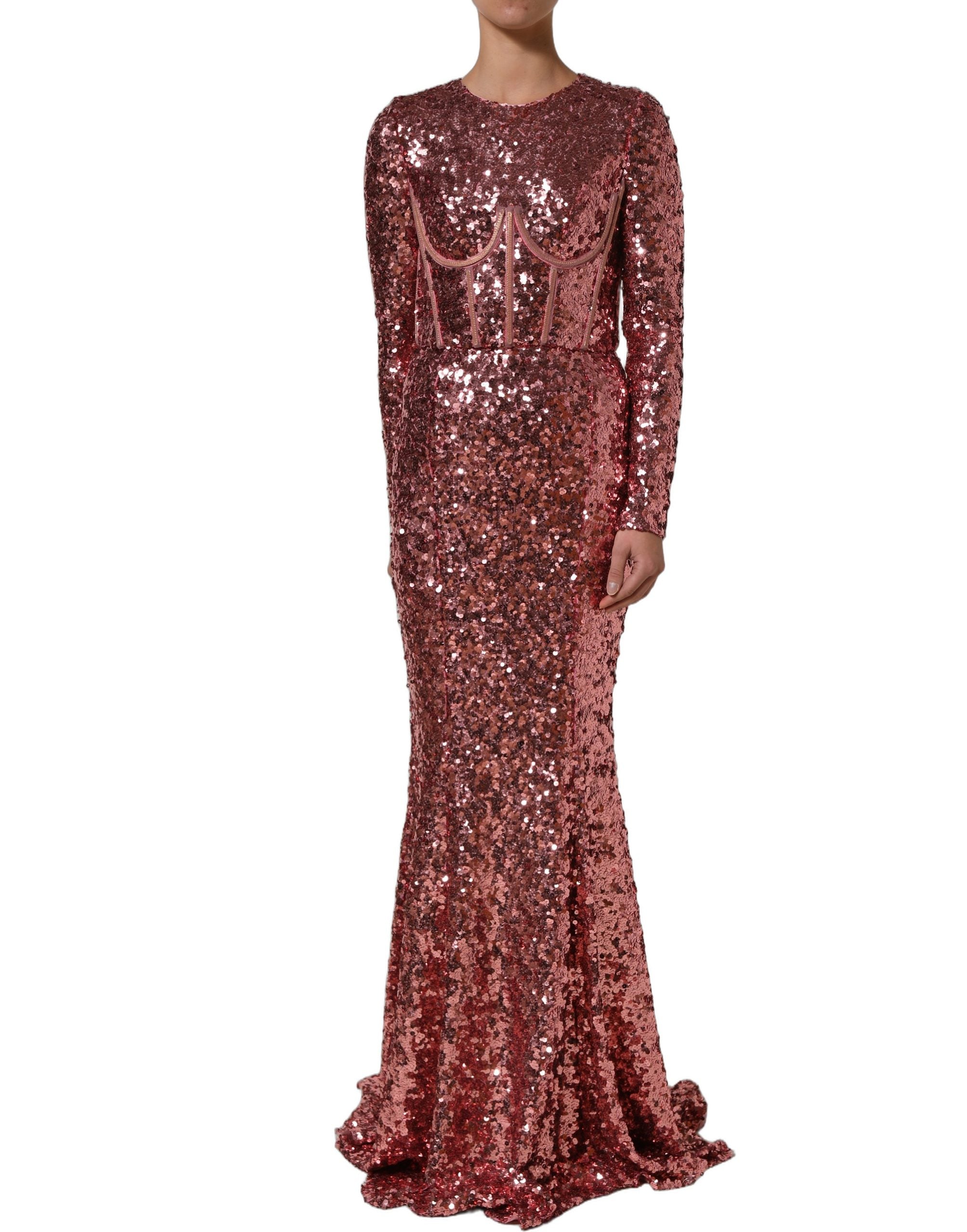 Dolce & Gabbana Pink Long Sequined Corset Detailing Gown Dress