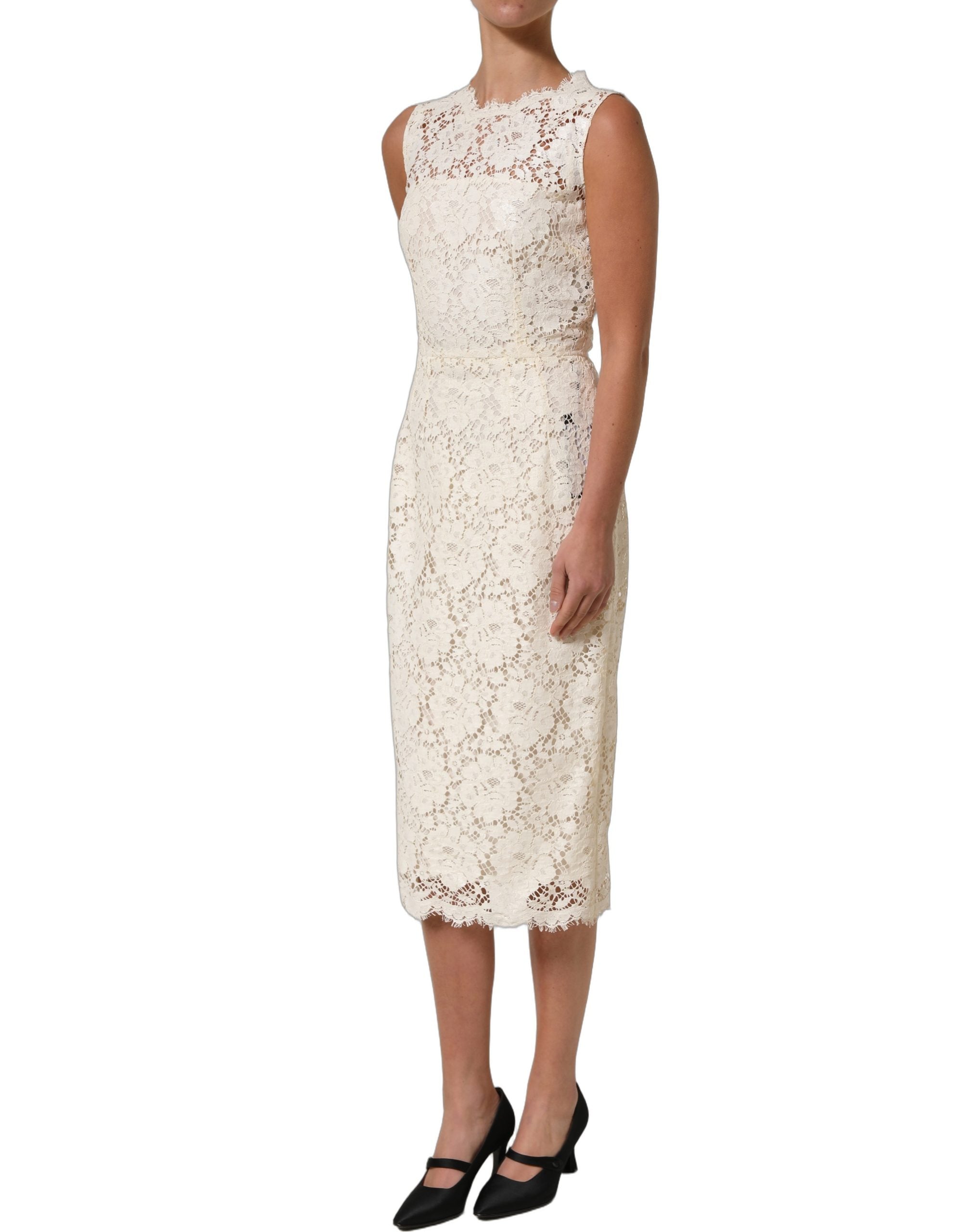 Dolce & Gabbana White Cotton Corded Lace Sleeveless Midi Dress