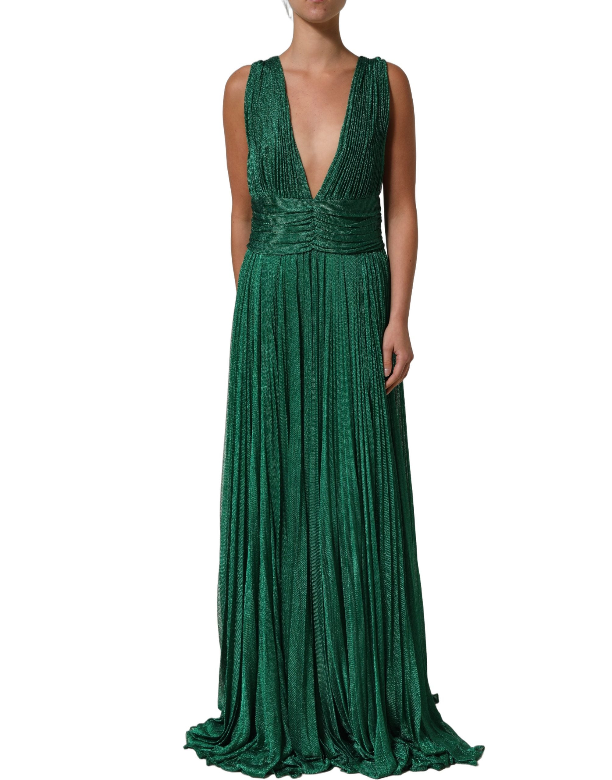Dolce & Gabbana Metallic Green Sleeveless Plissé Gown Dress