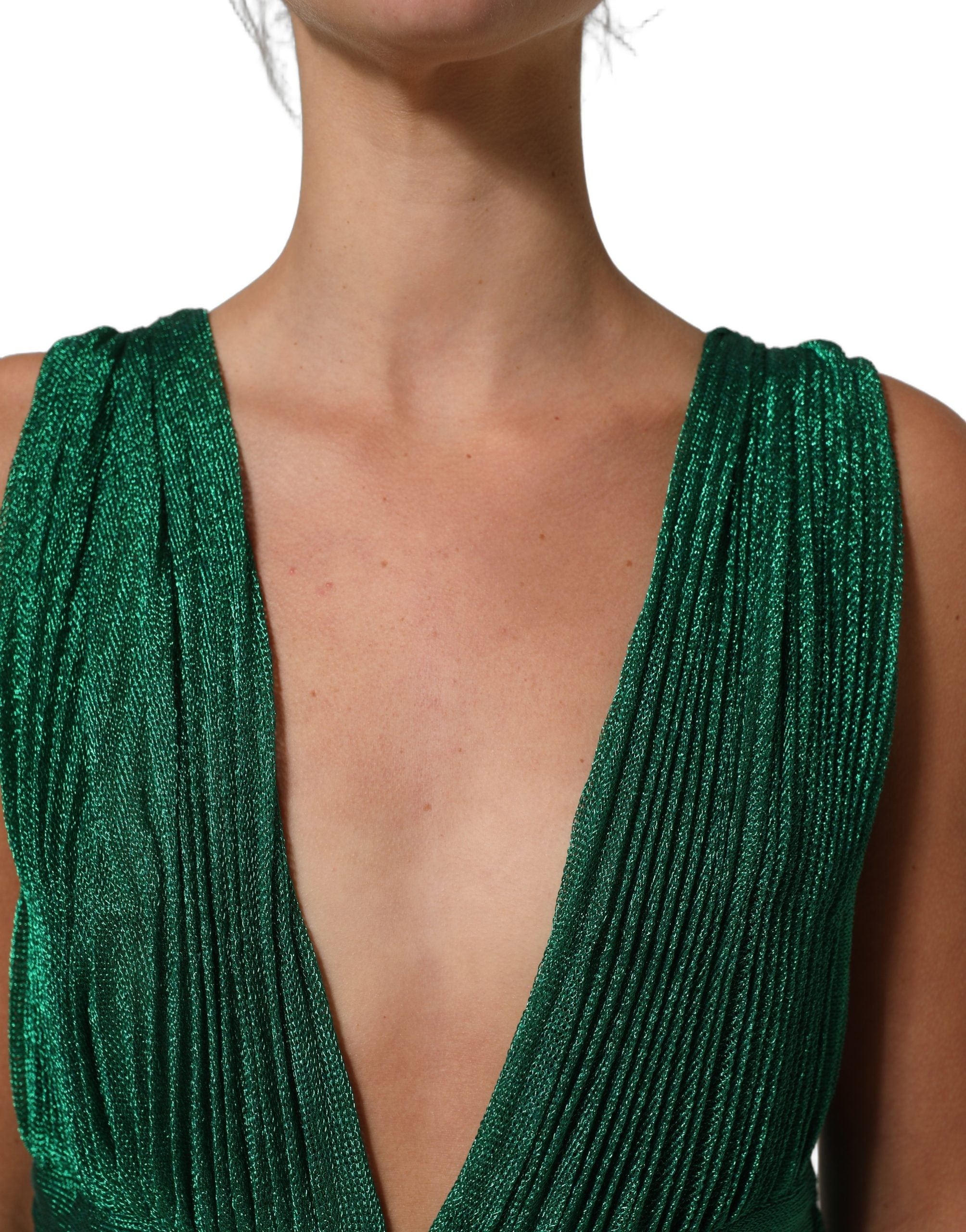 Dolce & Gabbana Metallic Green Sleeveless Plissé Gown Dress