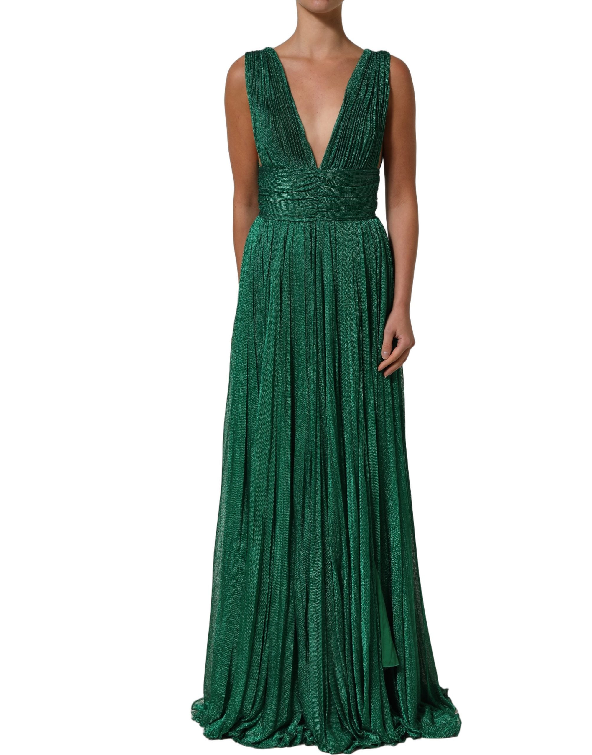Dolce & Gabbana Metallic Green Sleeveless Plissé Gown Dress