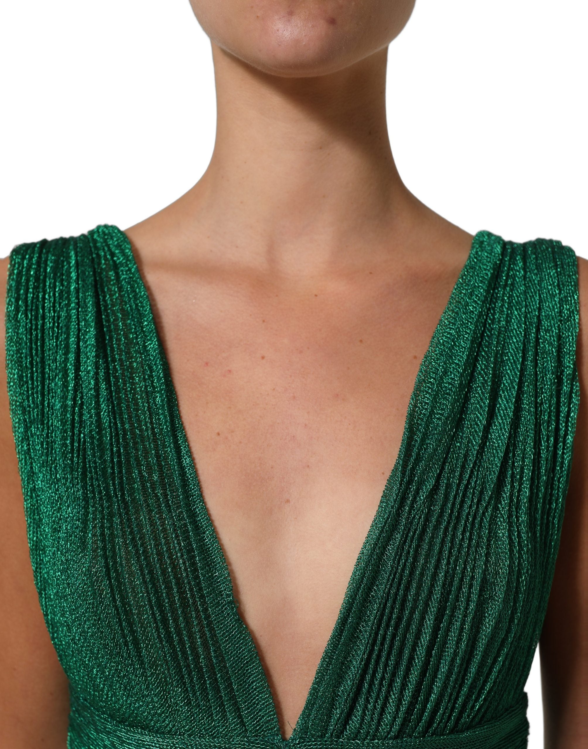 Dolce & Gabbana Metallic Green Sleeveless Plissé Gown Dress