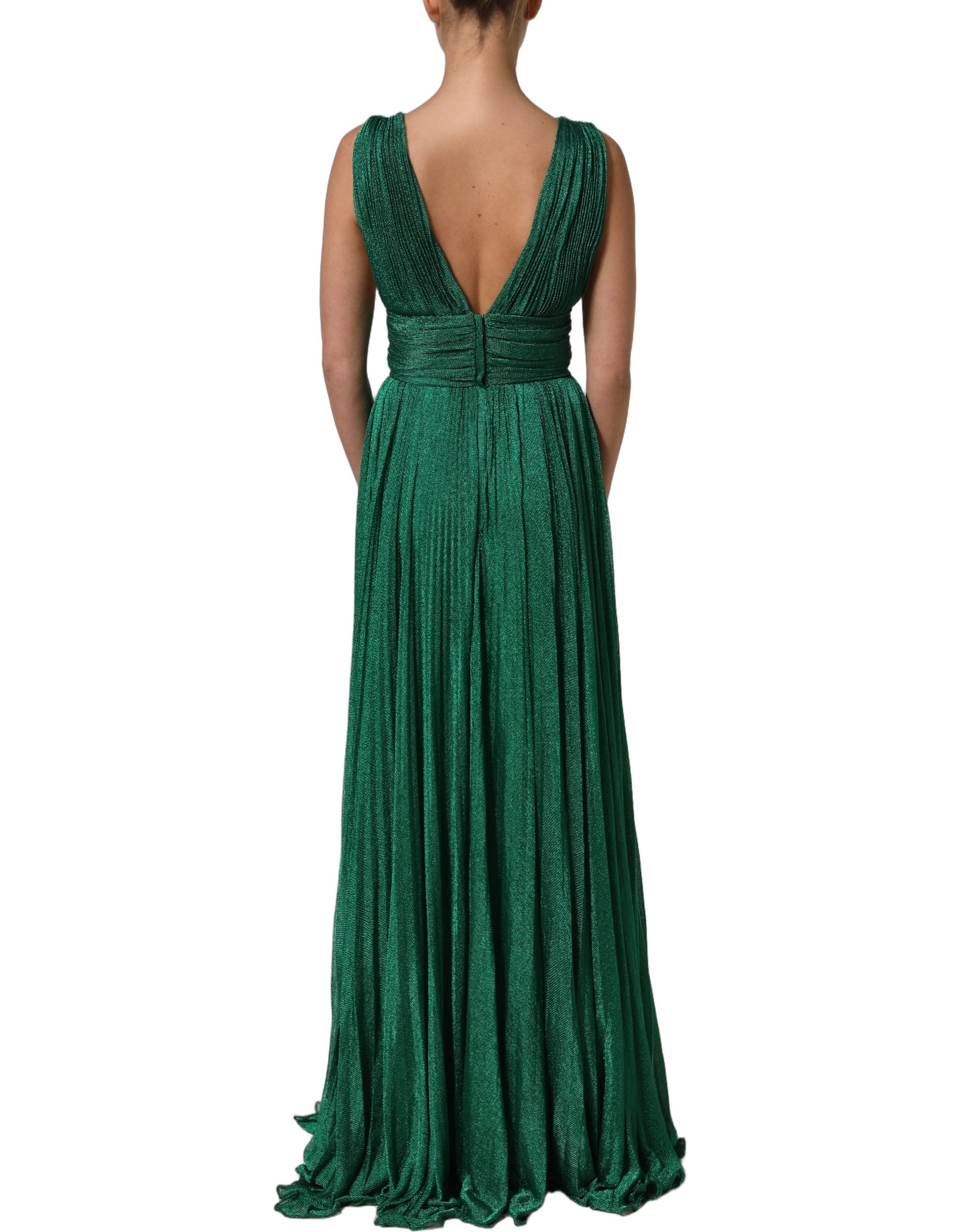 Dolce & Gabbana Metallic Green Sleeveless Plissé Gown Dress