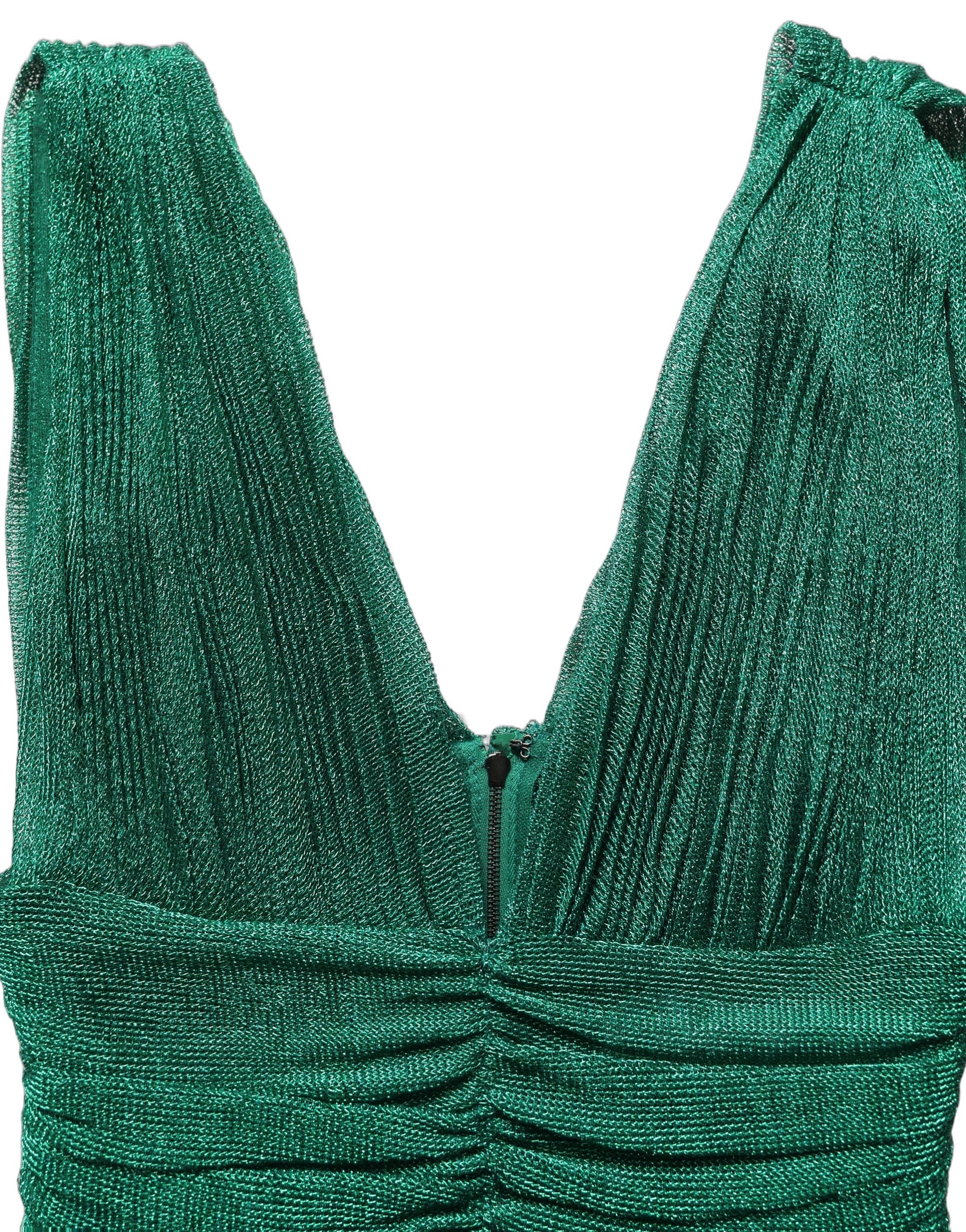Dolce & Gabbana Metallic Green Sleeveless Plissé Gown Dress
