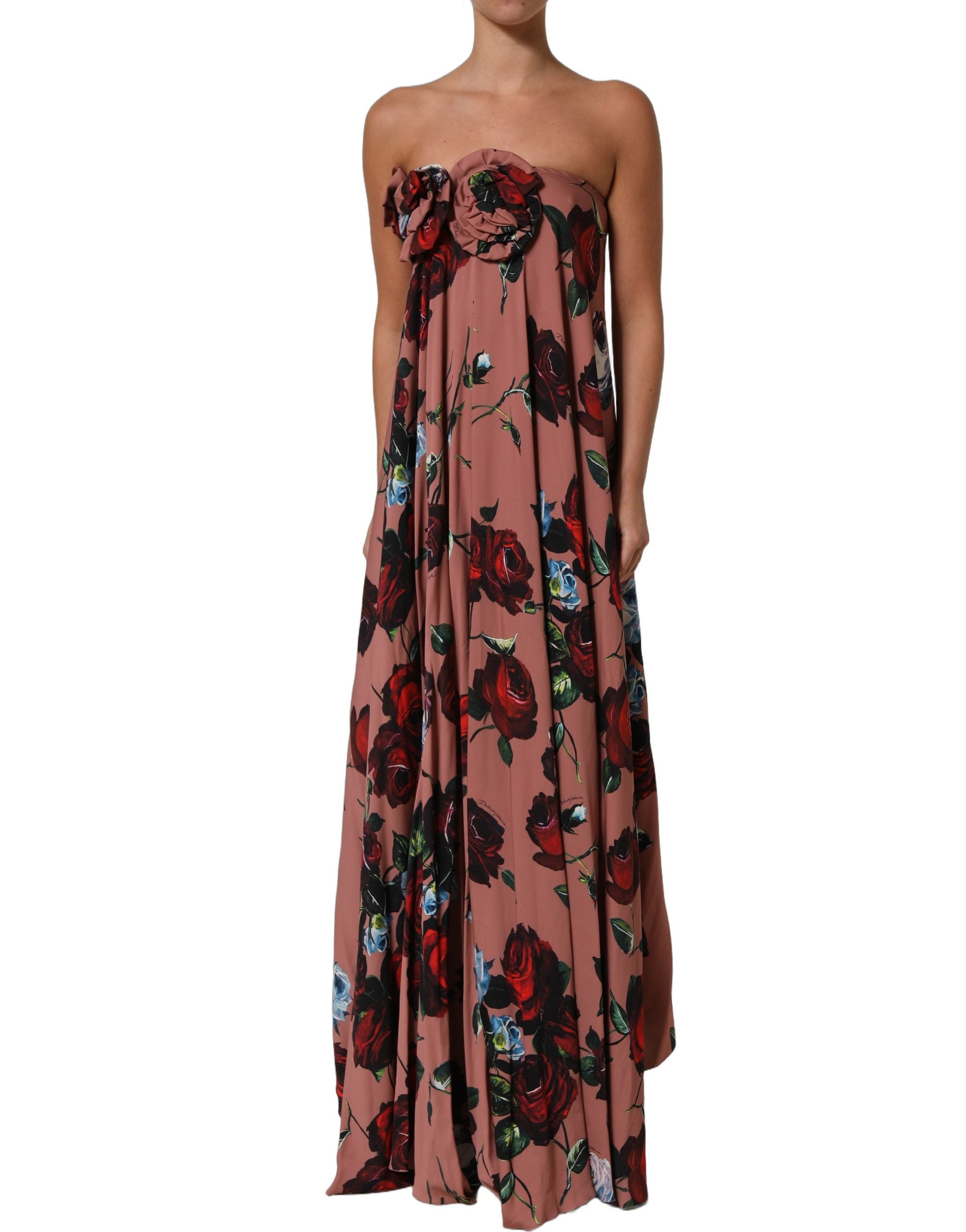 Dolce & Gabbana Dusty Pink Silk Floral Strapless Maxi Dress