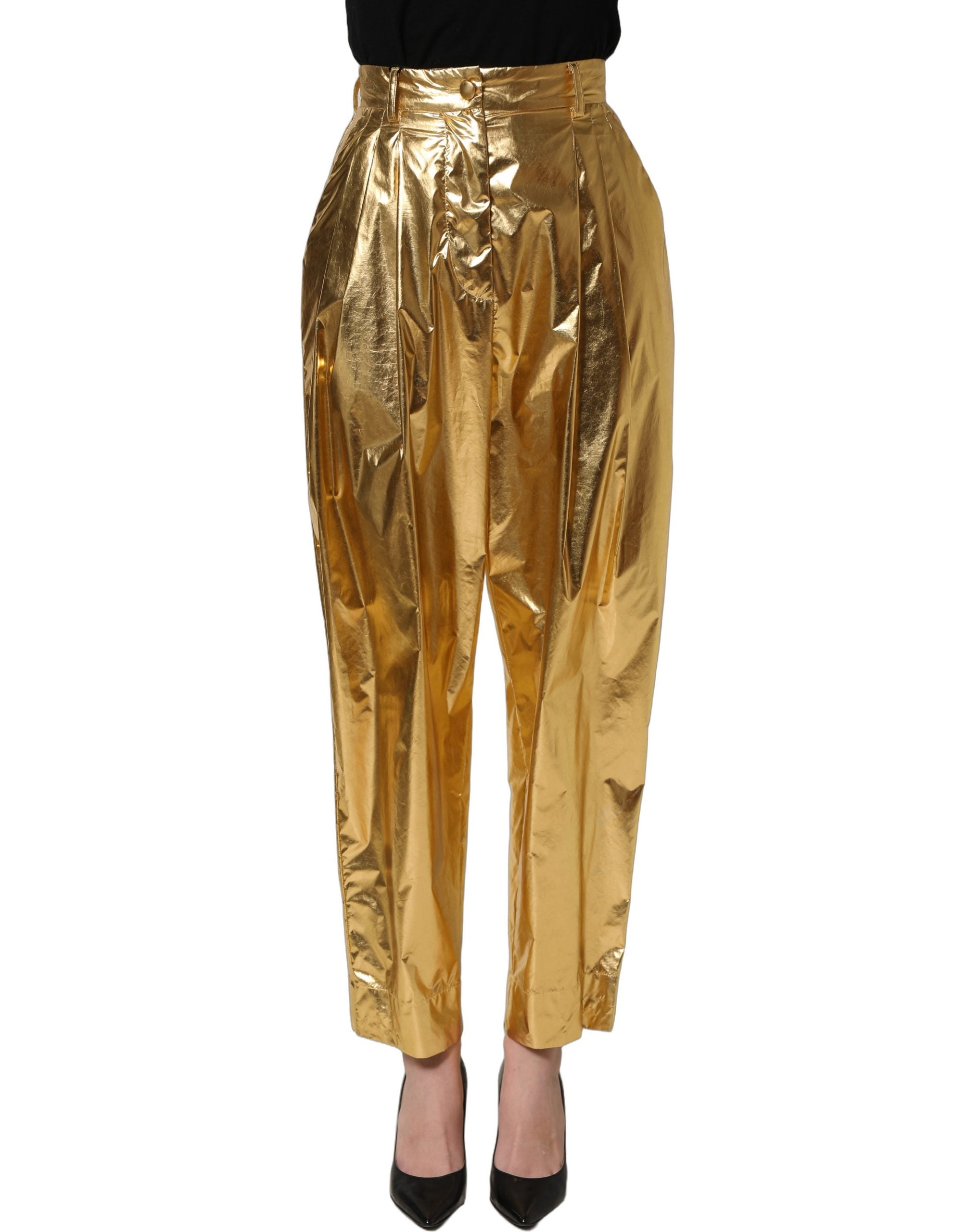 Dolce & Gabbana Metallic Gold High Waist Pleated Tapered Pants