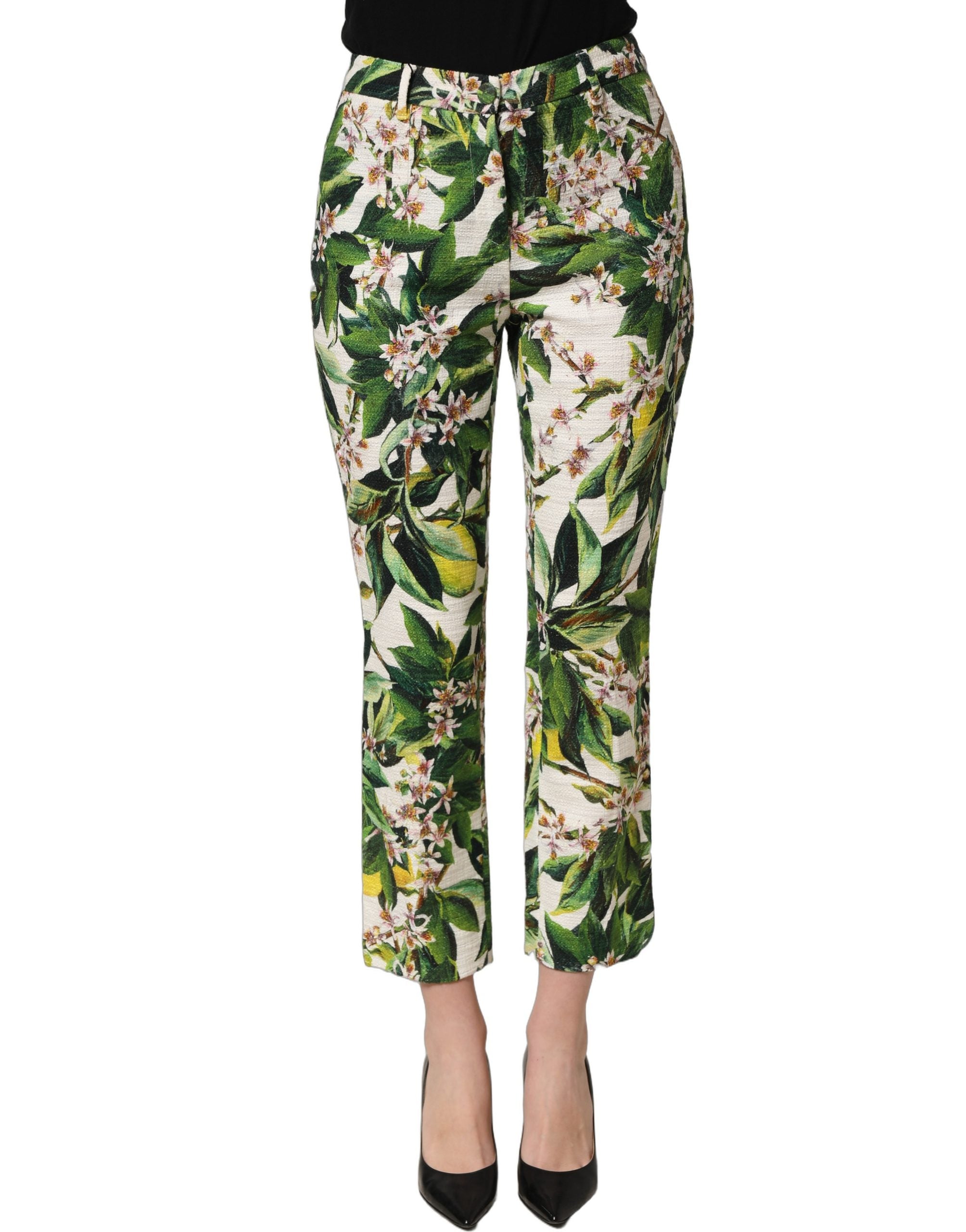 Dolce & Gabbana White Floral Print Cropped Straight Pants