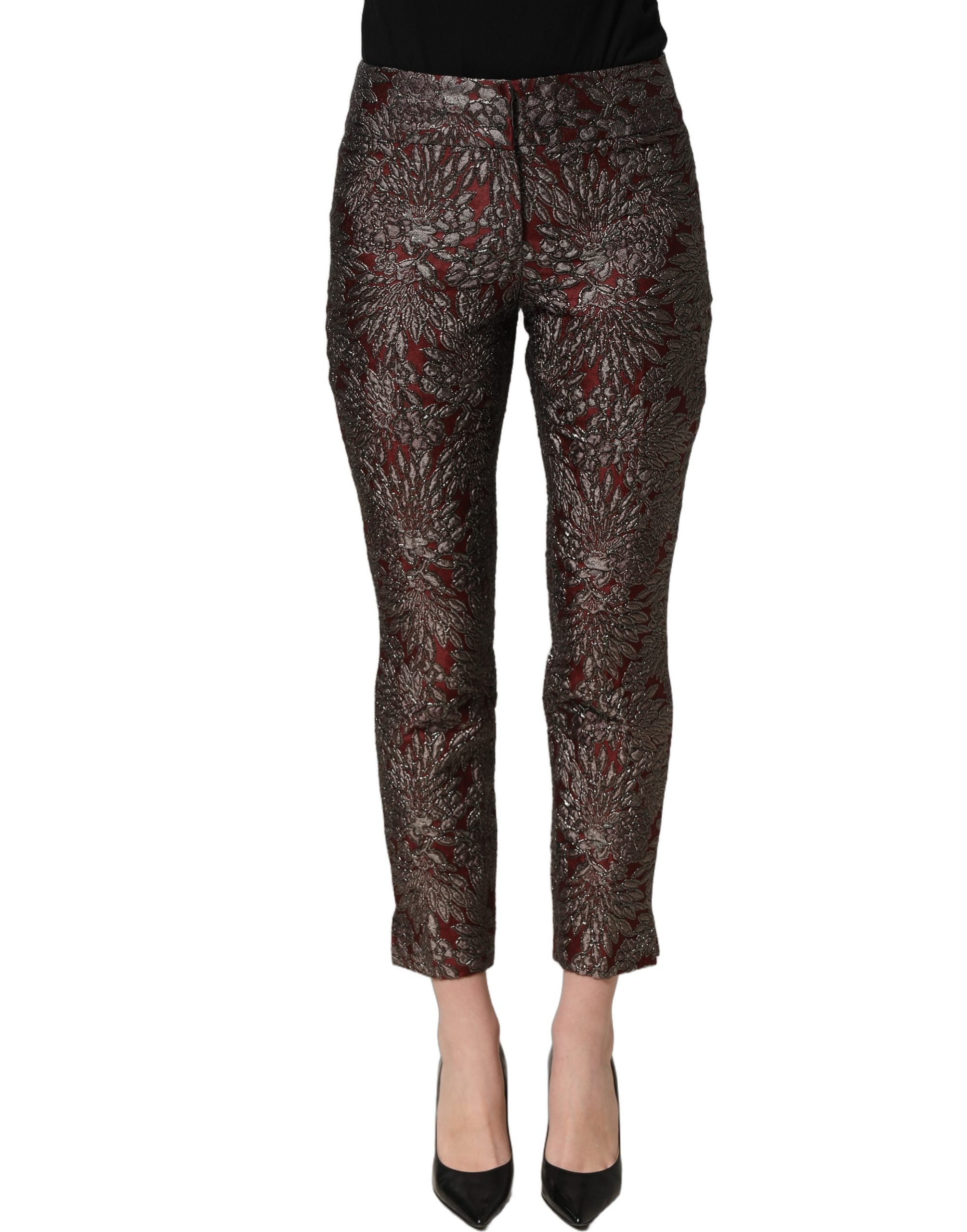 Dolce & Gabbana Burgundy Grey Floral Jacquard Straight Pants