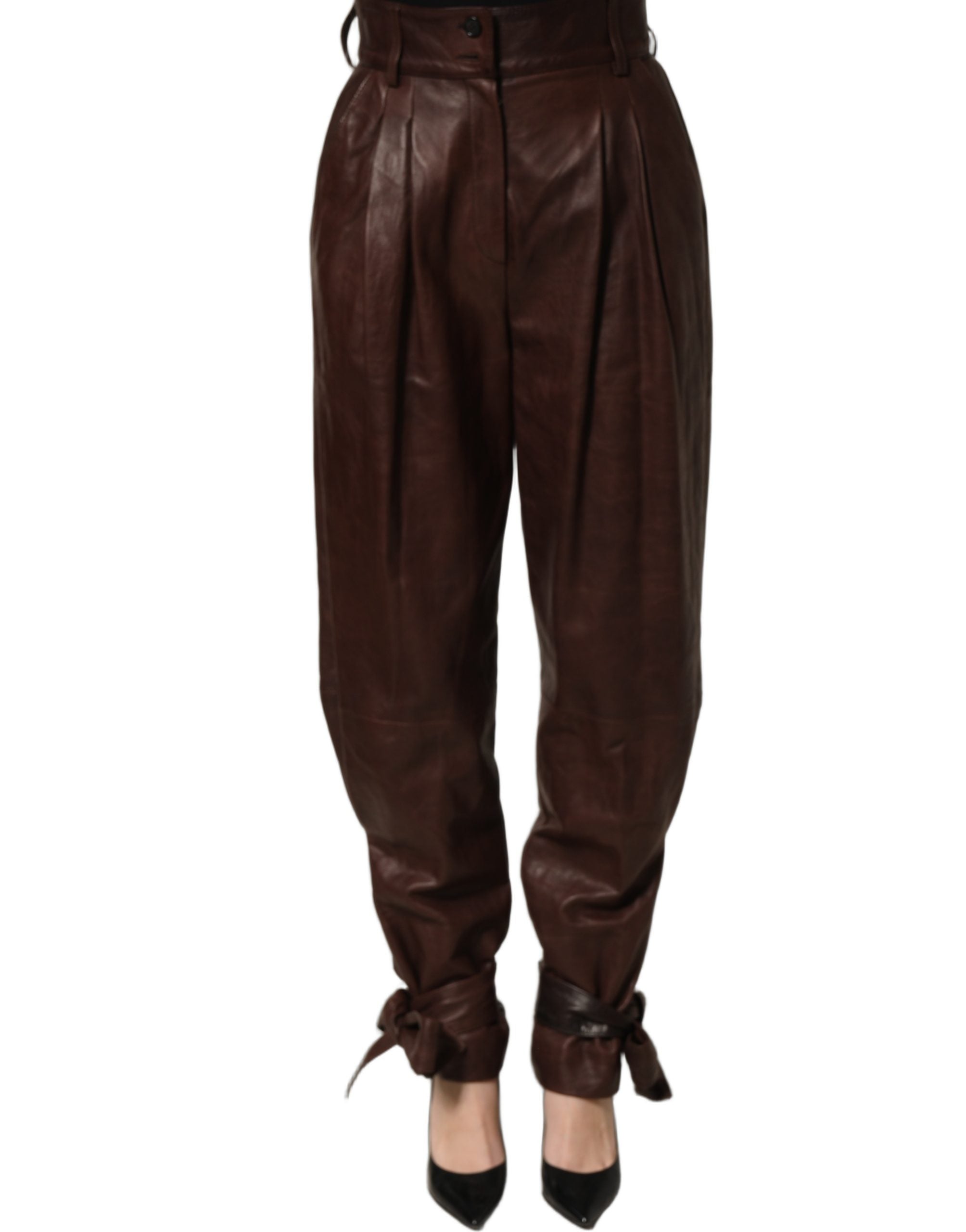 Dolce & Gabbana Brown Leather High Waist Tapered Leg Pants