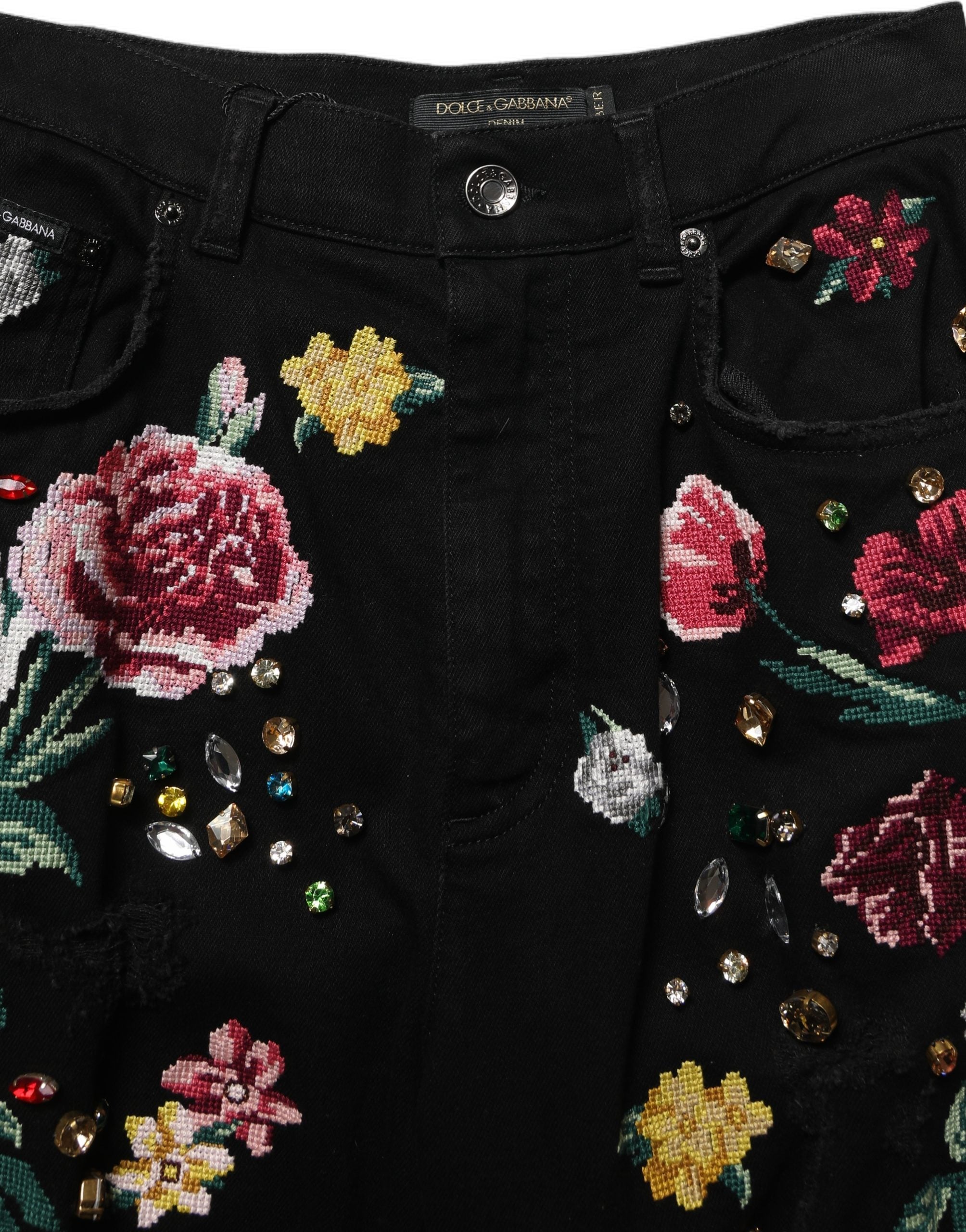Dolce & Gabbana Black Floral Cotton High Waist Tapered Pants