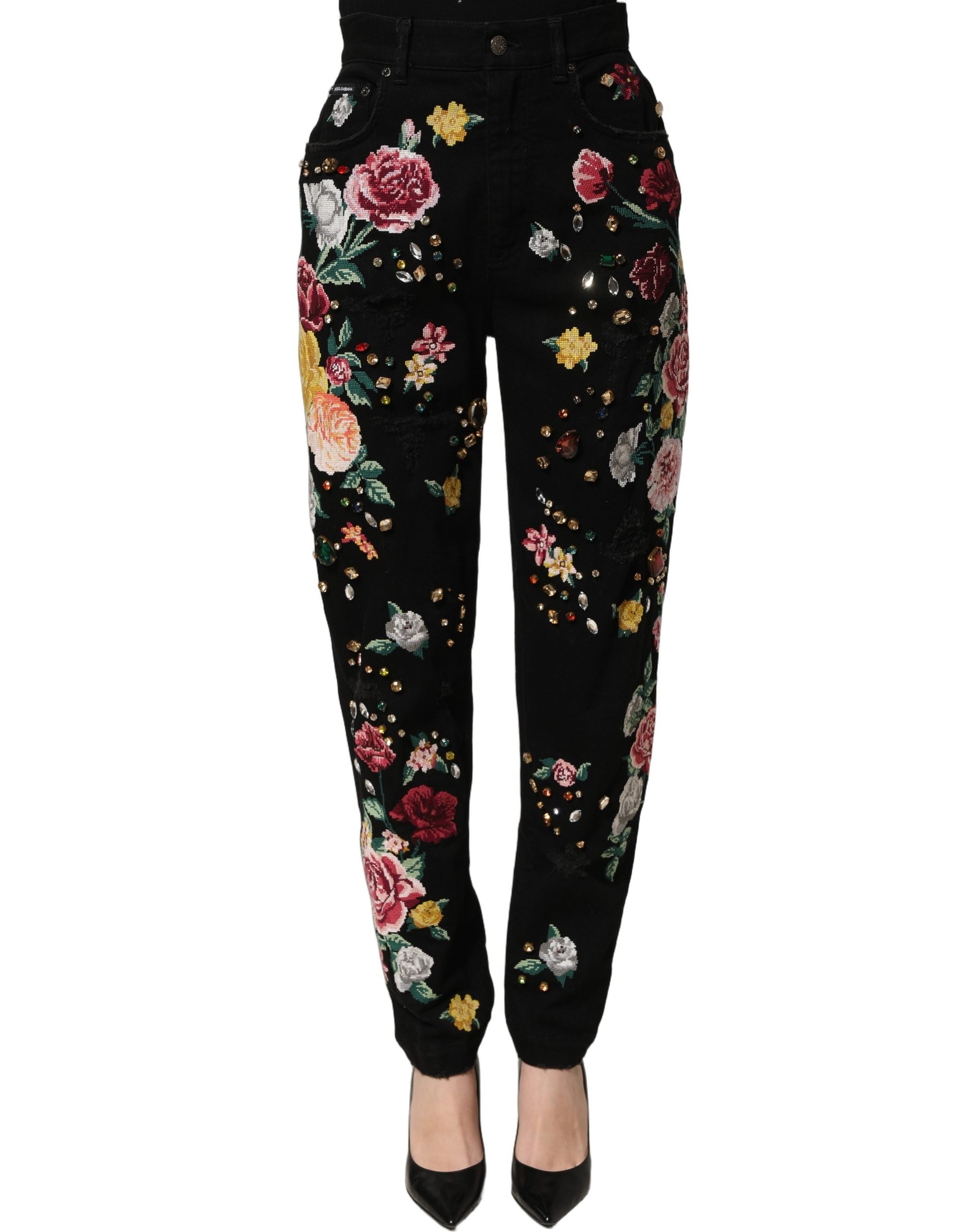 Dolce & Gabbana Black Floral Cotton High Waist Tapered Pants