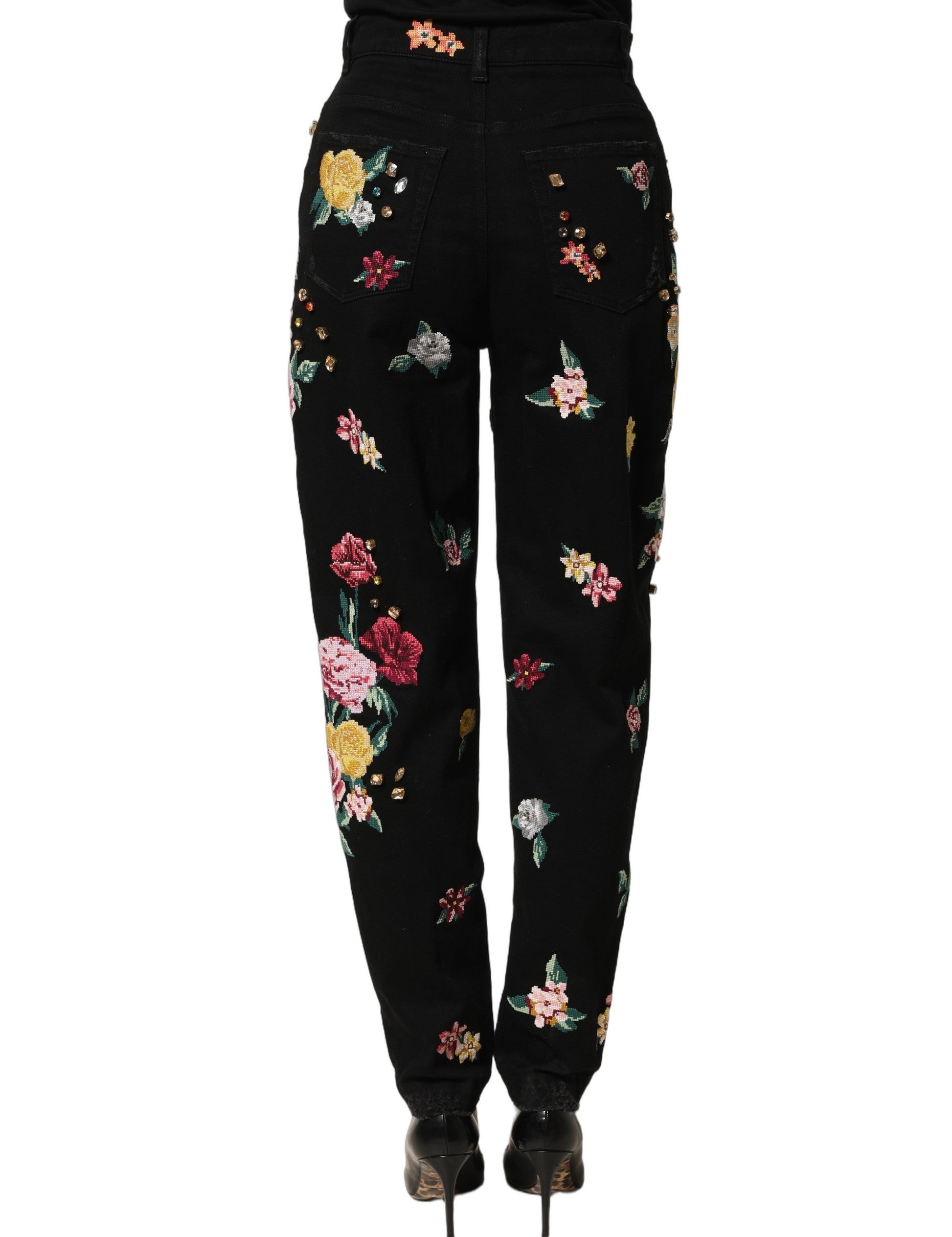 Dolce & Gabbana Black Floral Cotton High Waist Tapered Pants