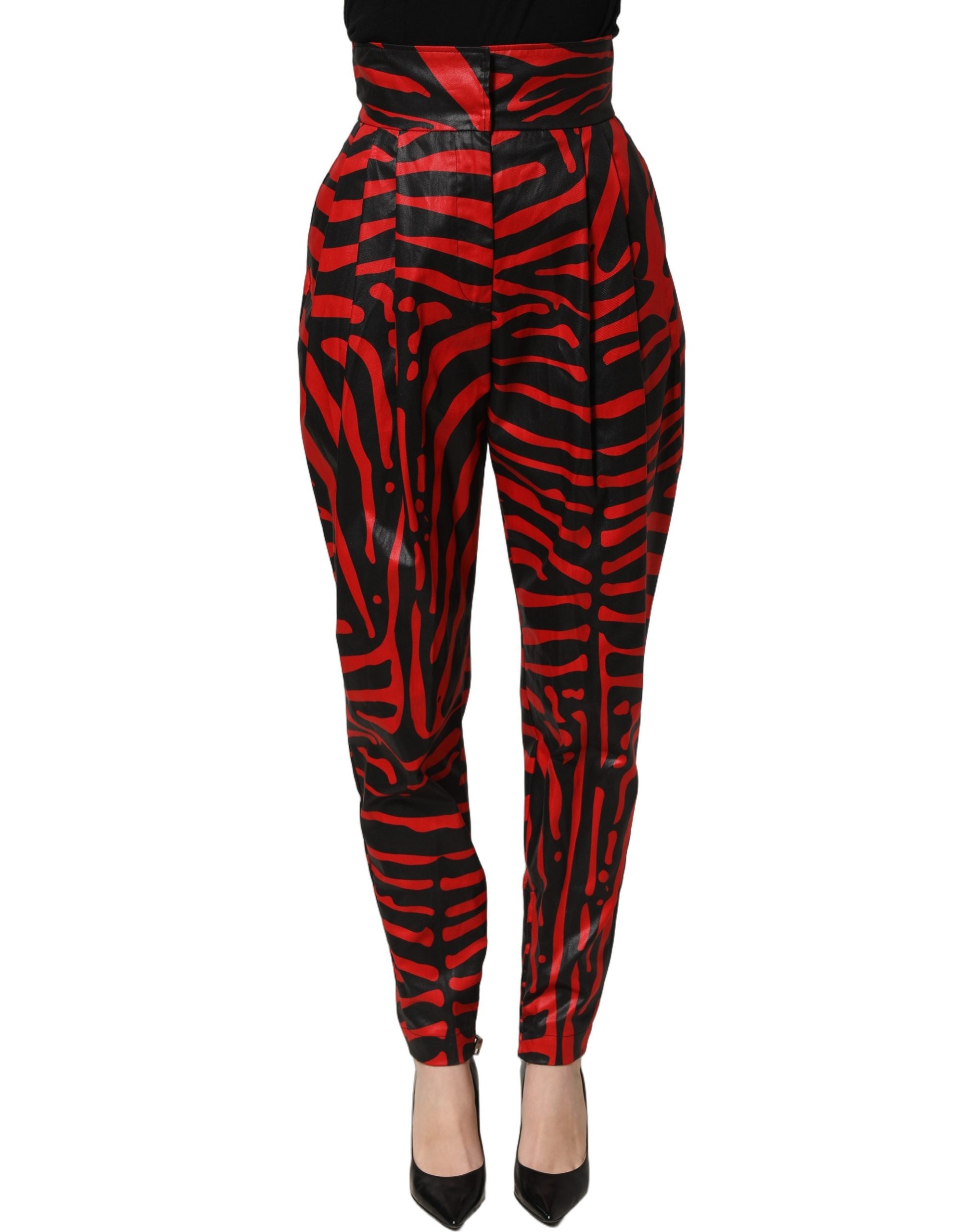Dolce & Gabbana Red Black Zebra Print Cotton HighWaist Pants
