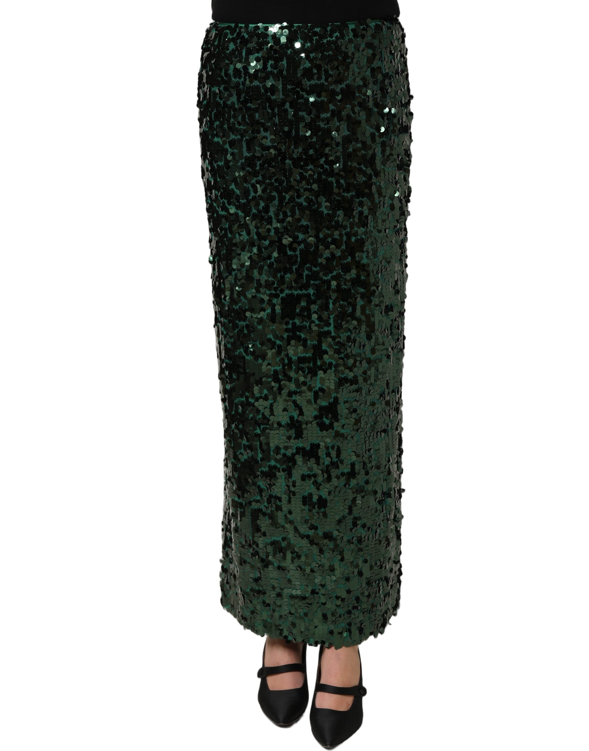 Dolce & Gabbana Green Sequin High Waist Pencil Cut Midi Skirt