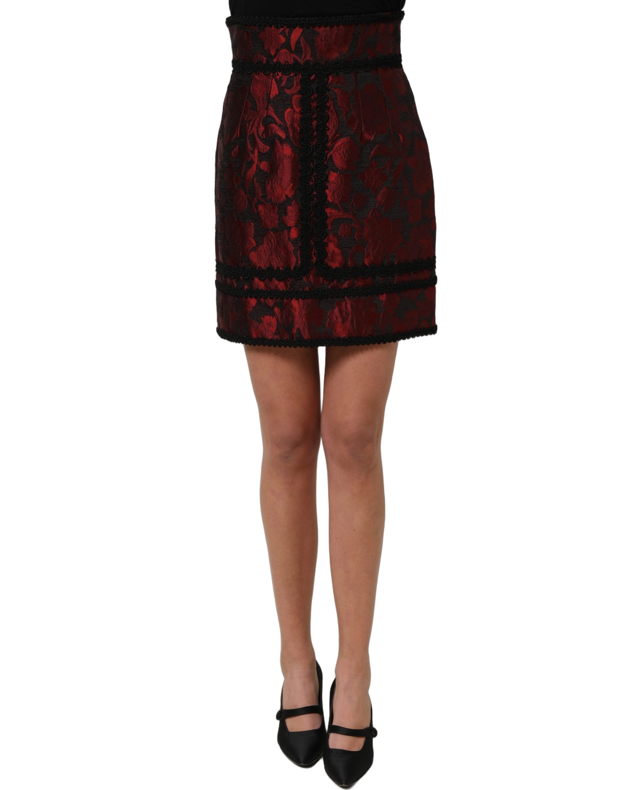 Dolce & Gabbana Red Black Floral Lace Jacquard Mini Skirt