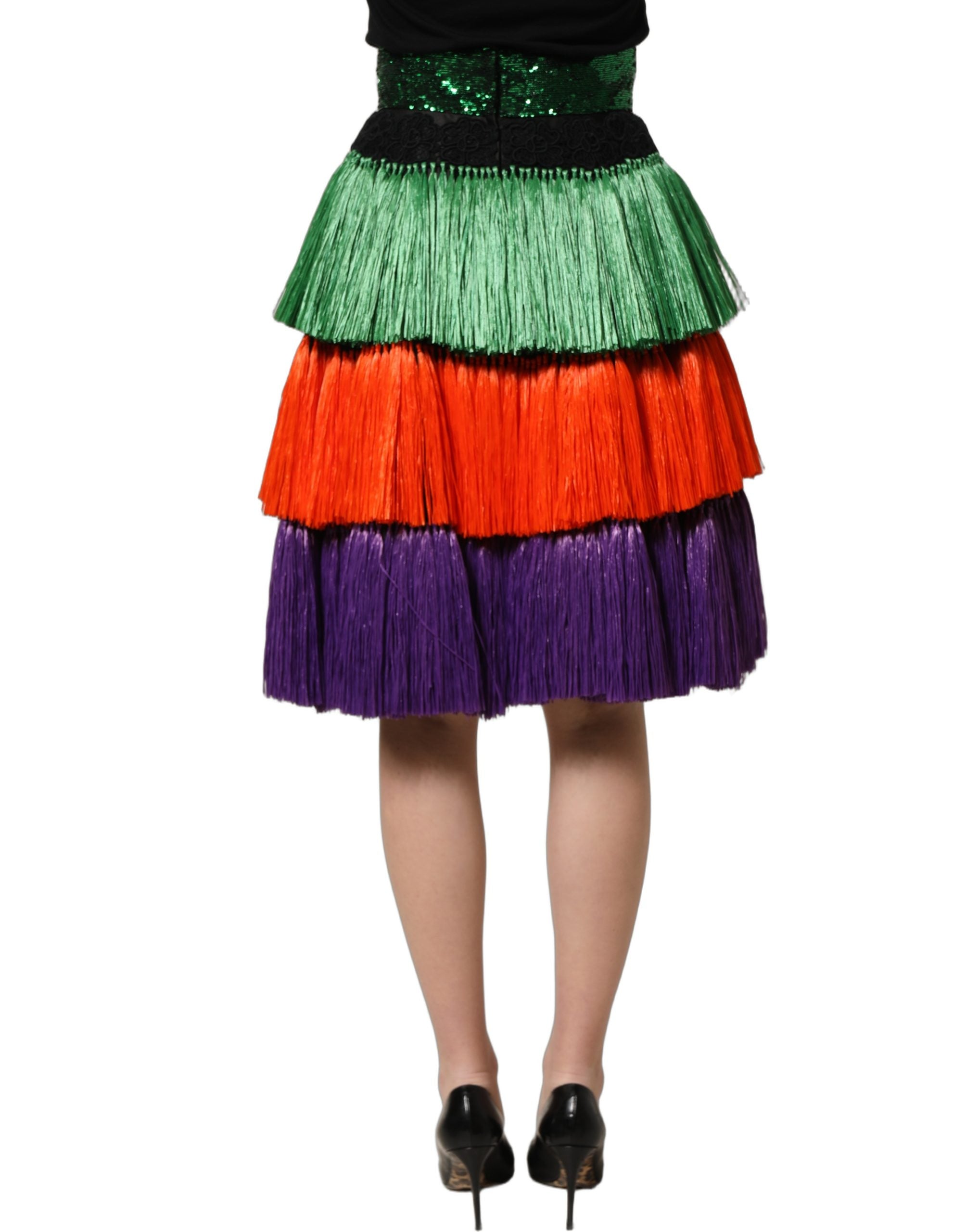Dolce & Gabbana Multicolor Fringed High Waist Knee Length Skirt