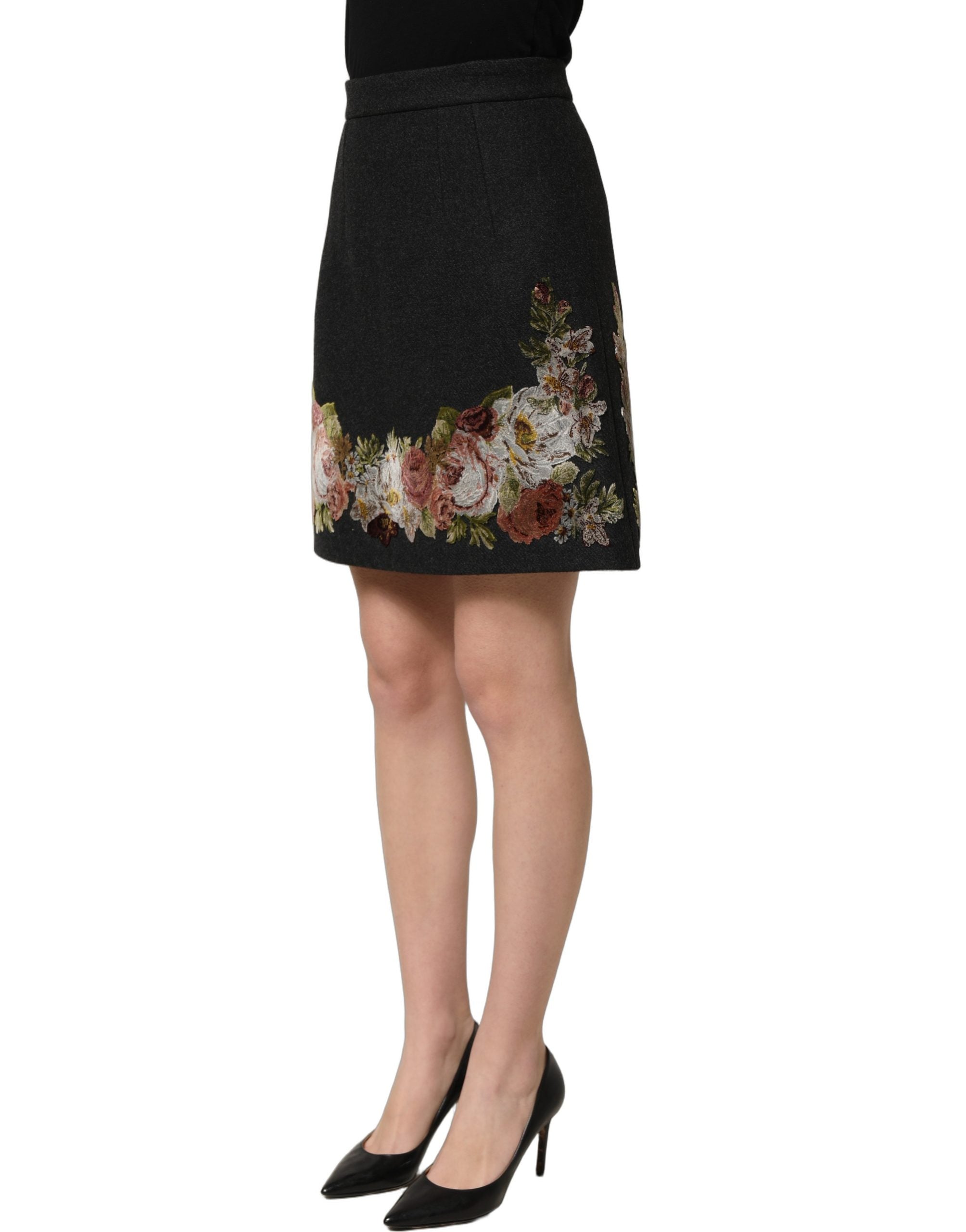 Dolce & Gabbana Black Floral Macramé High Waist A-line Skirt