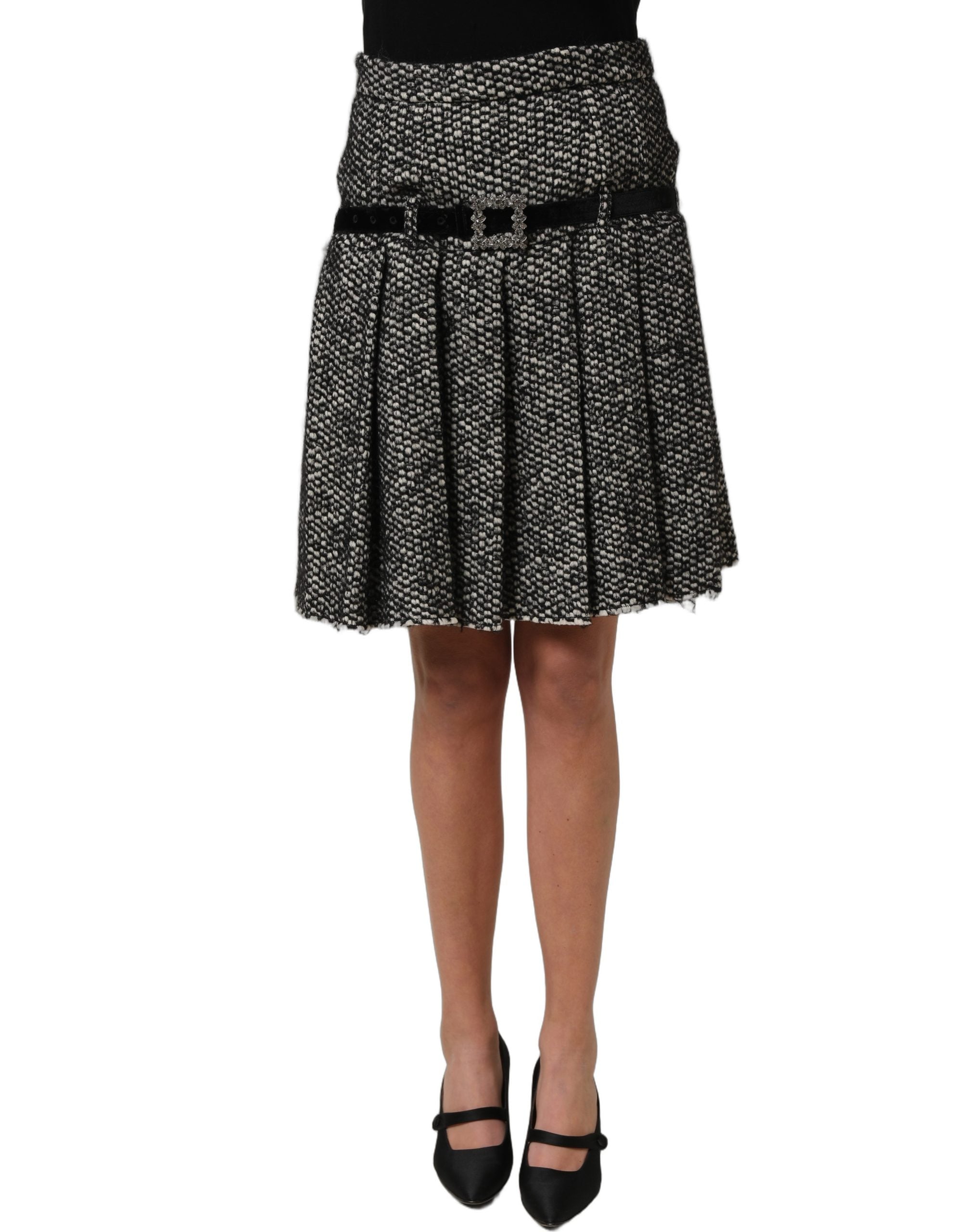 Dolce & Gabbana Black White Tweed High Waist Pleated Skirt