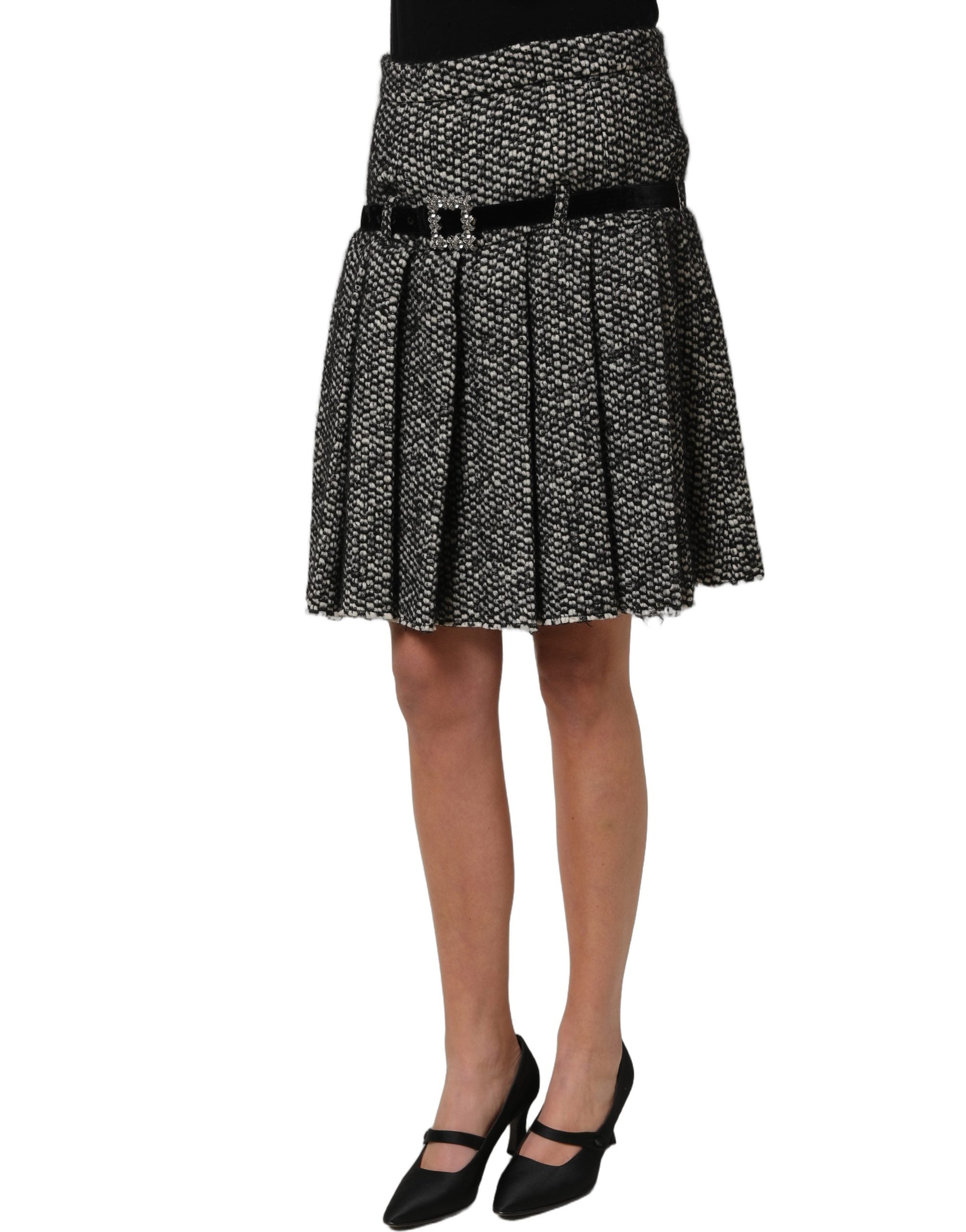 Dolce & Gabbana Black White Tweed High Waist Pleated Skirt