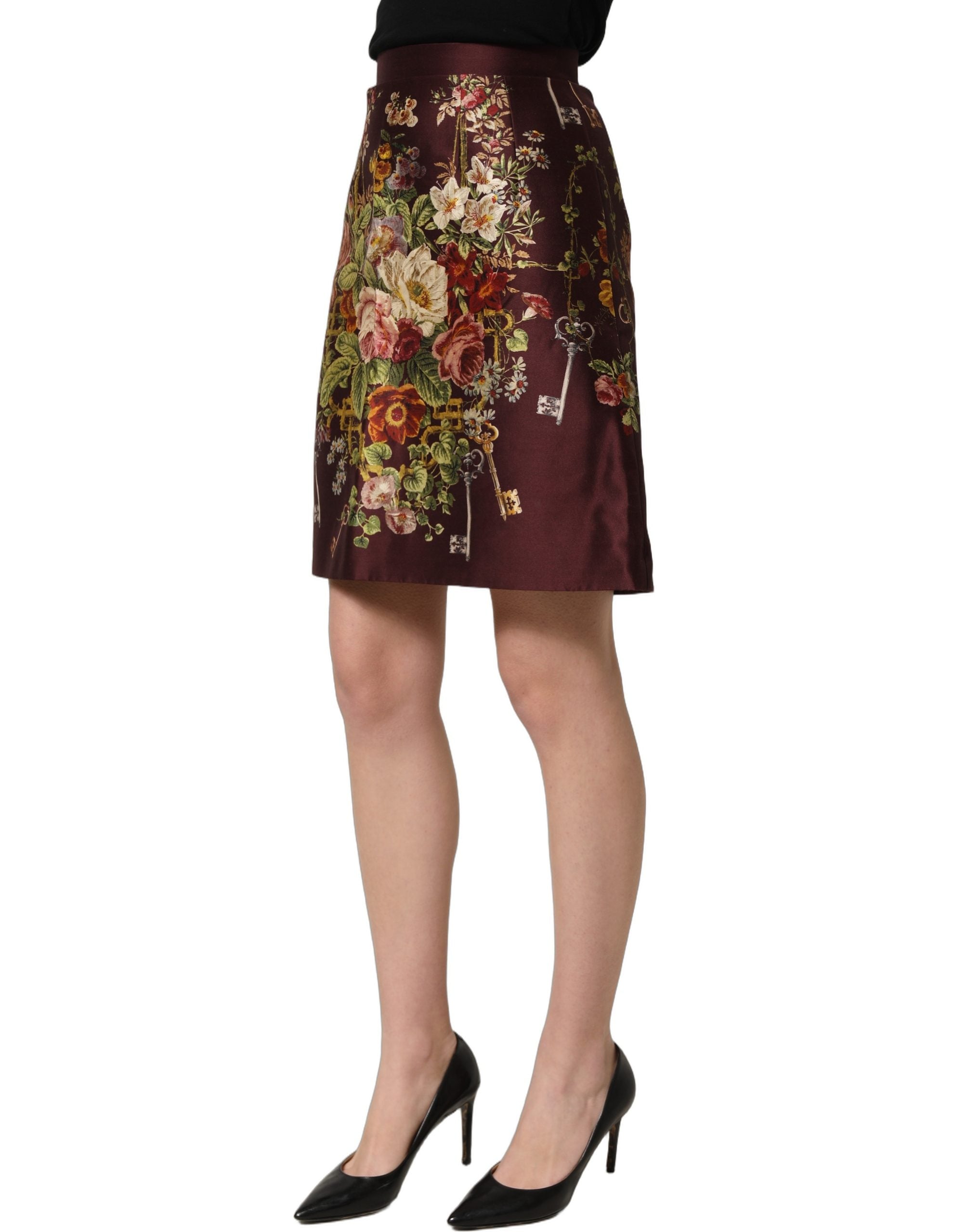 Dolce & Gabbana Burgundy Floral HighWaist A-line Mini Skirt
