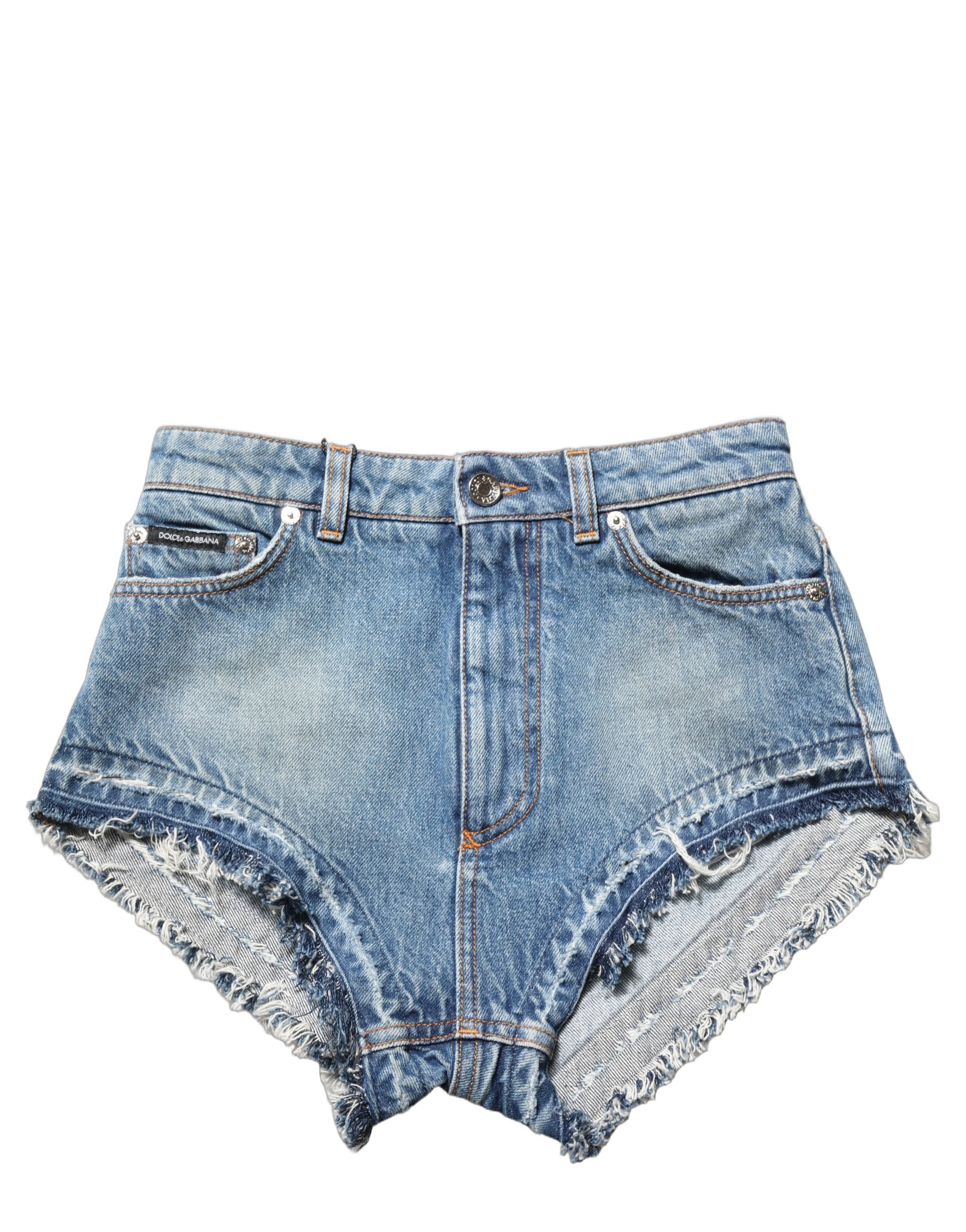 Dolce & Gabbana Blue Cotton High Waist Denim Hotpants Shorts
