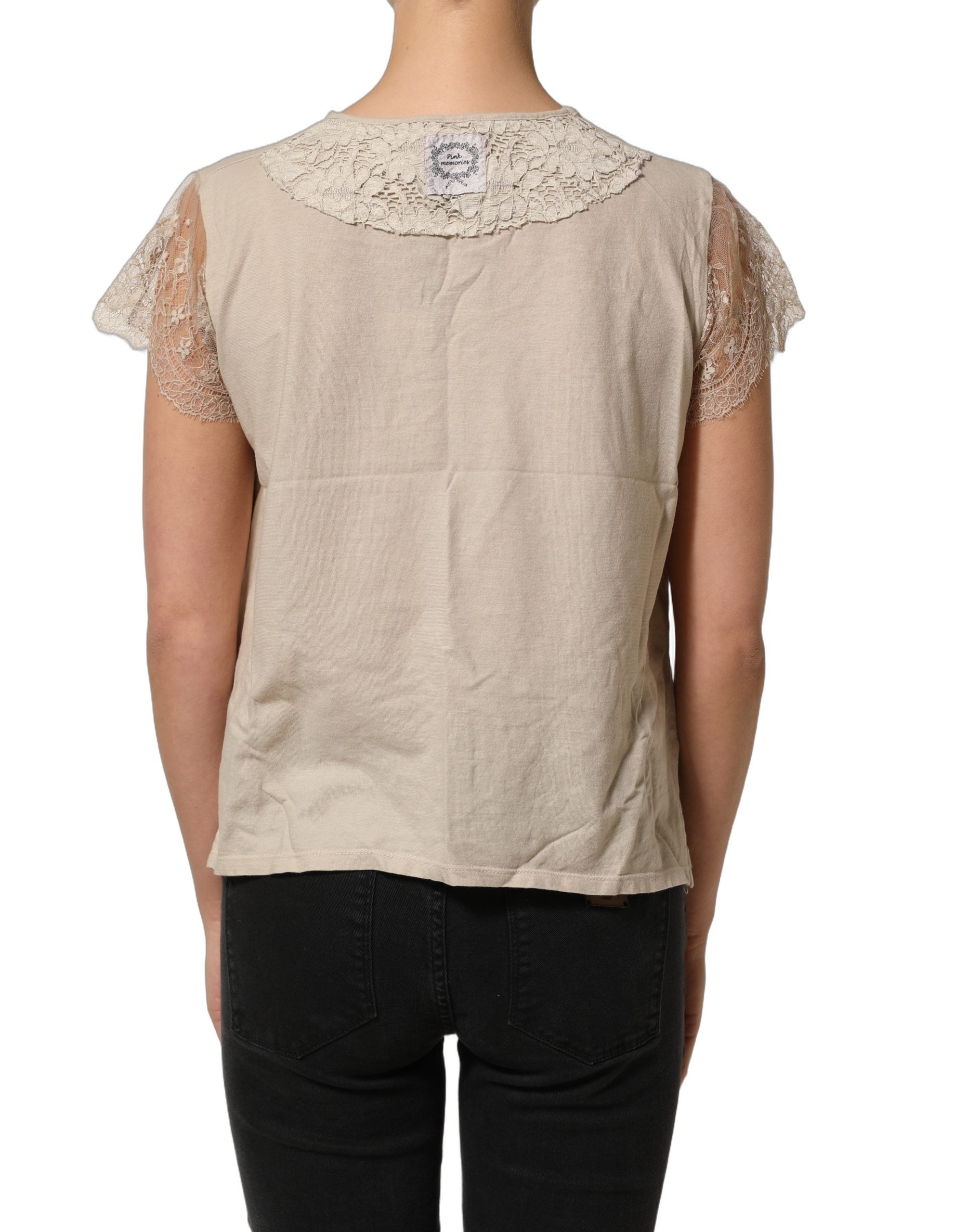 PINK MEMORIES Beige Cotton Lace Detailing Round Neck Top