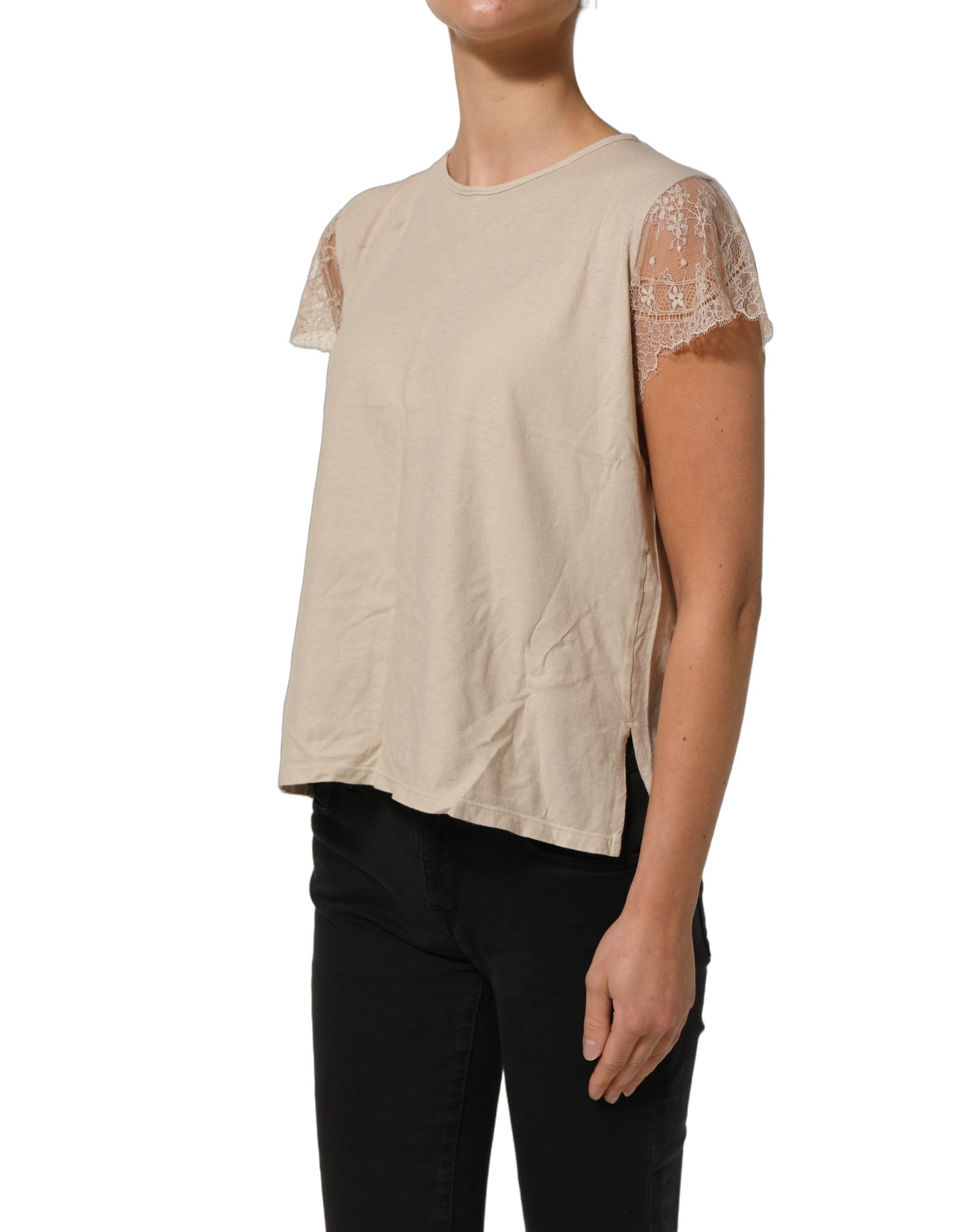 PINK MEMORIES Beige Cotton Lace Detailing Round Neck Top
