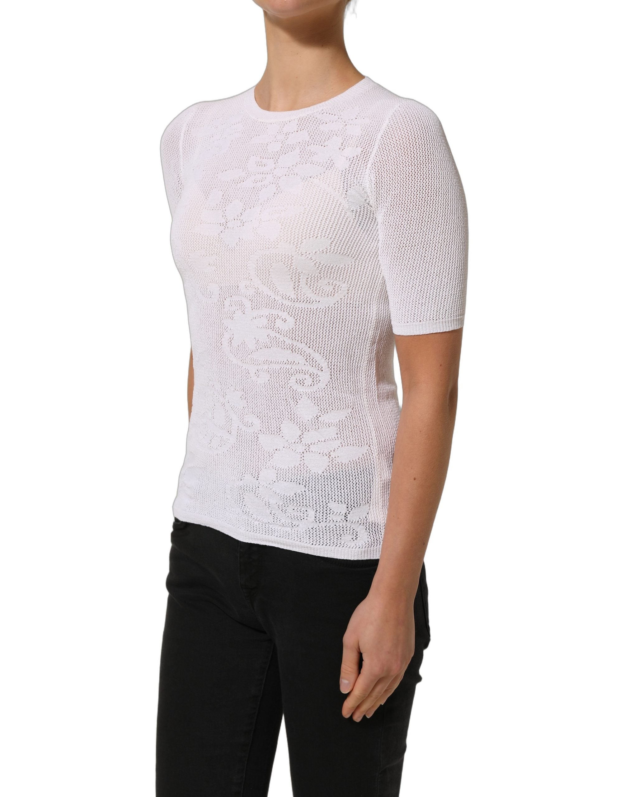 Alpha Studio White Floral Lace Knit Fabric Short Sleeves Blouse Top