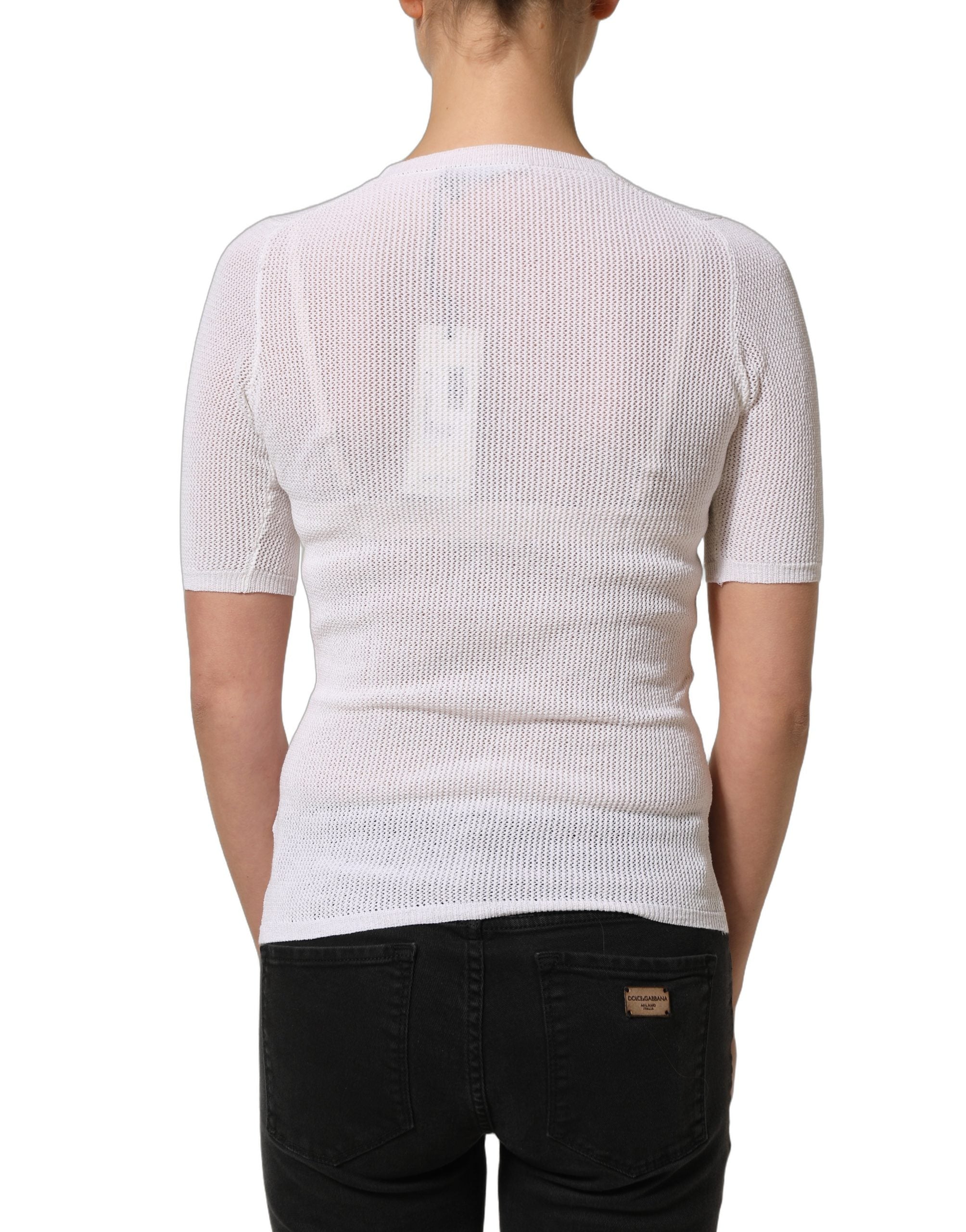 Alpha Studio White Floral Lace Knit Fabric Short Sleeves Blouse Top