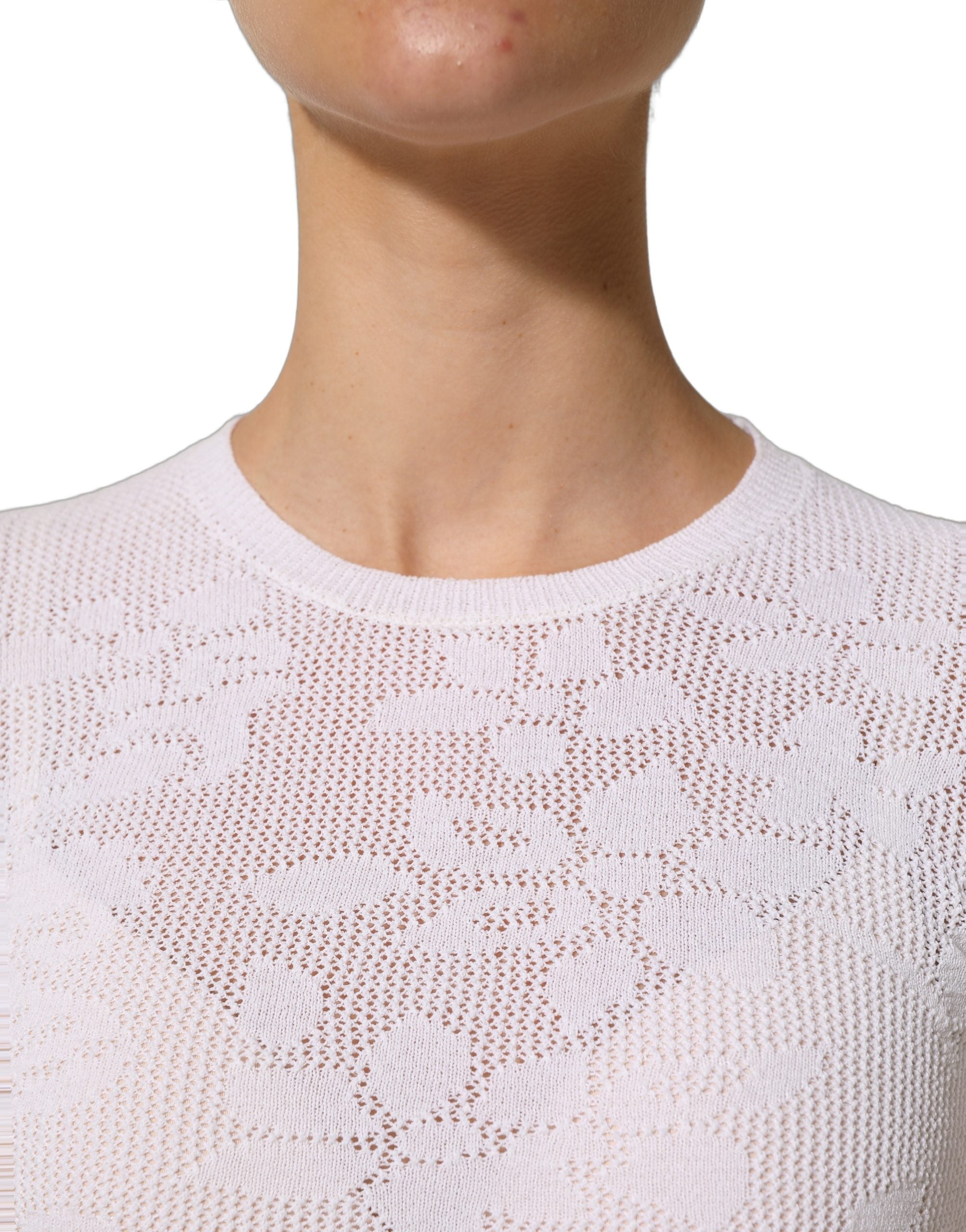 Alpha Studio White Floral Lace Knit Fabric Short Sleeves Blouse Top