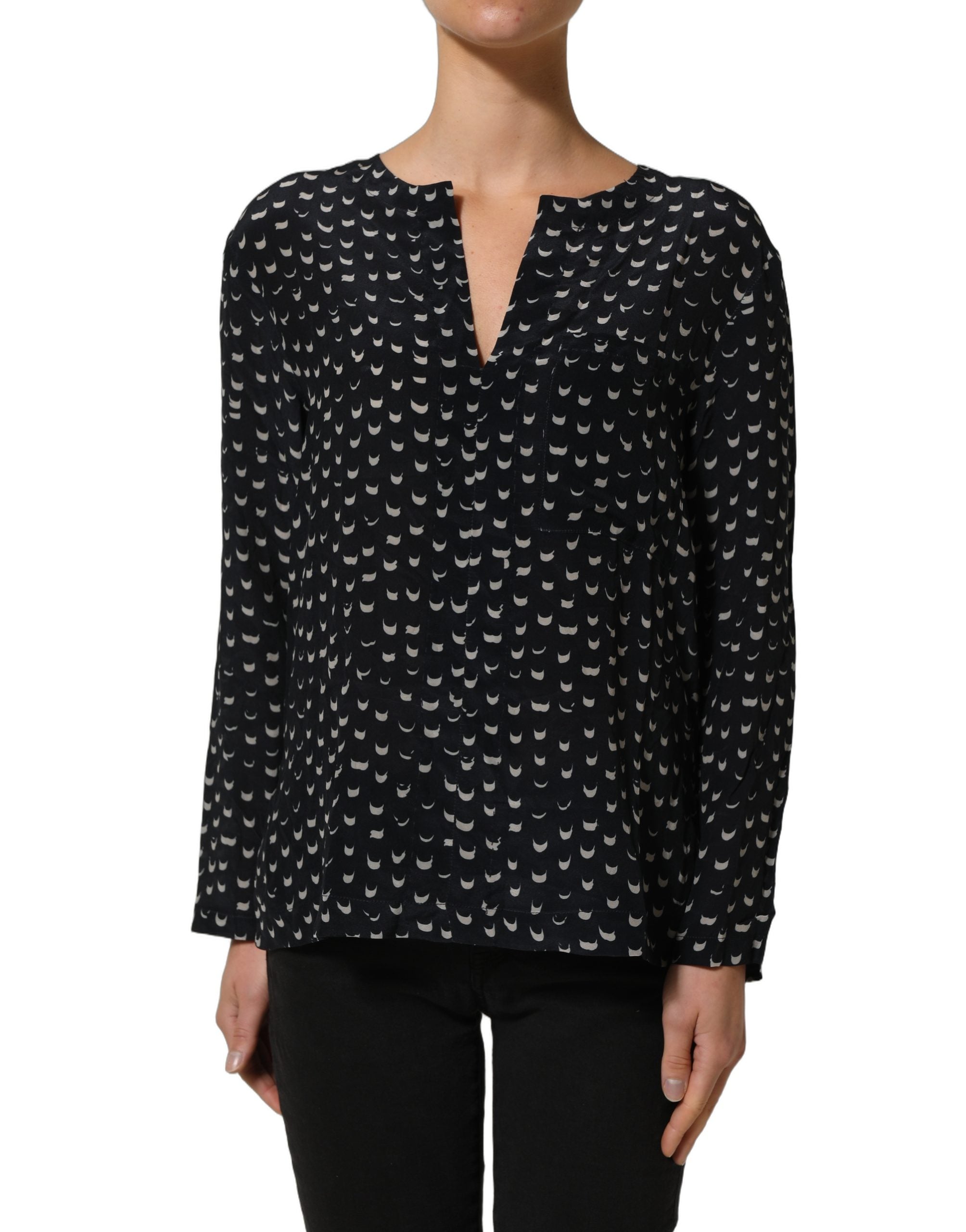 Bruno Manetti Black SIlk Long Sleeves Deep V-neck Blouse Top