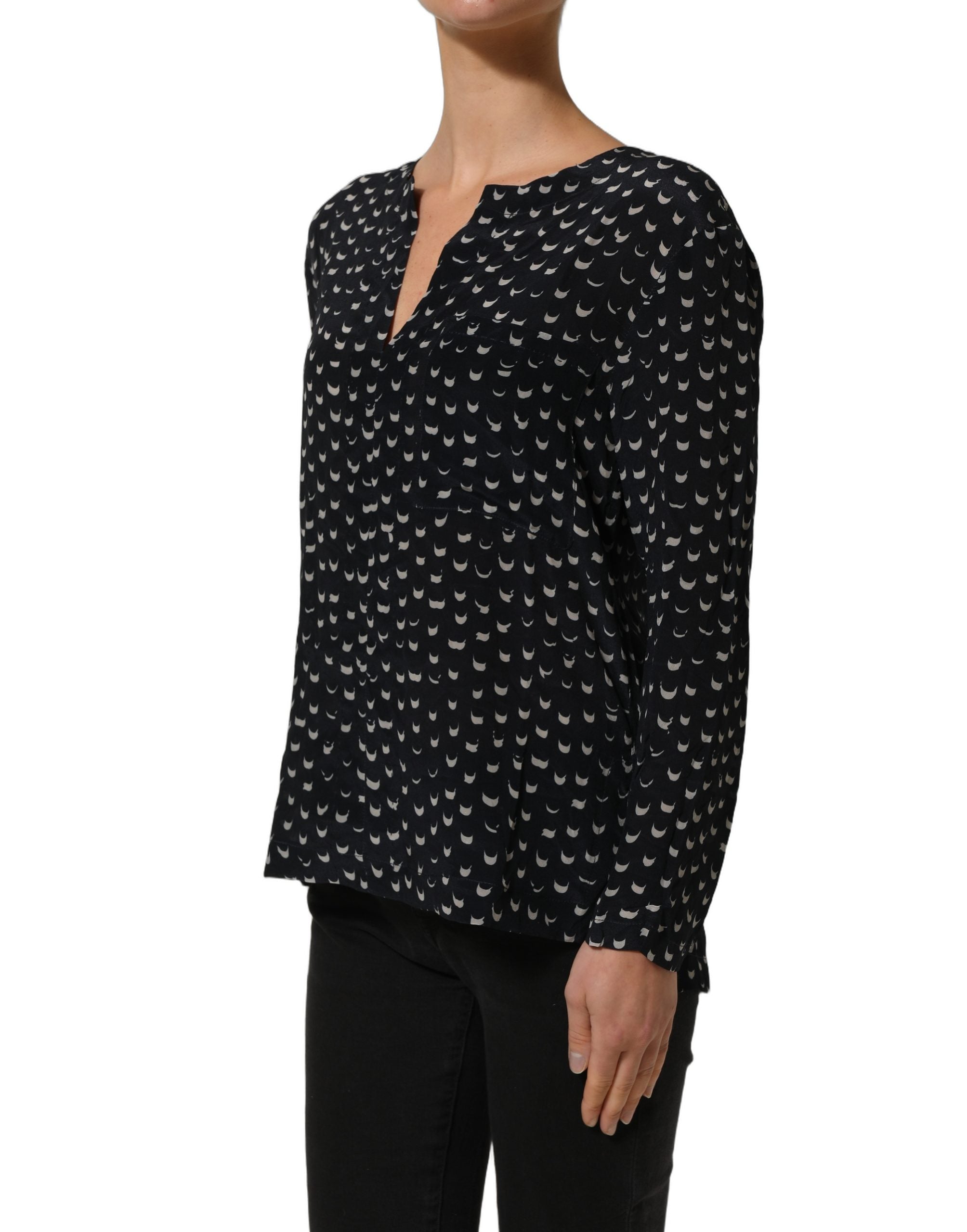 Bruno Manetti Black SIlk Long Sleeves Deep V-neck Blouse Top
