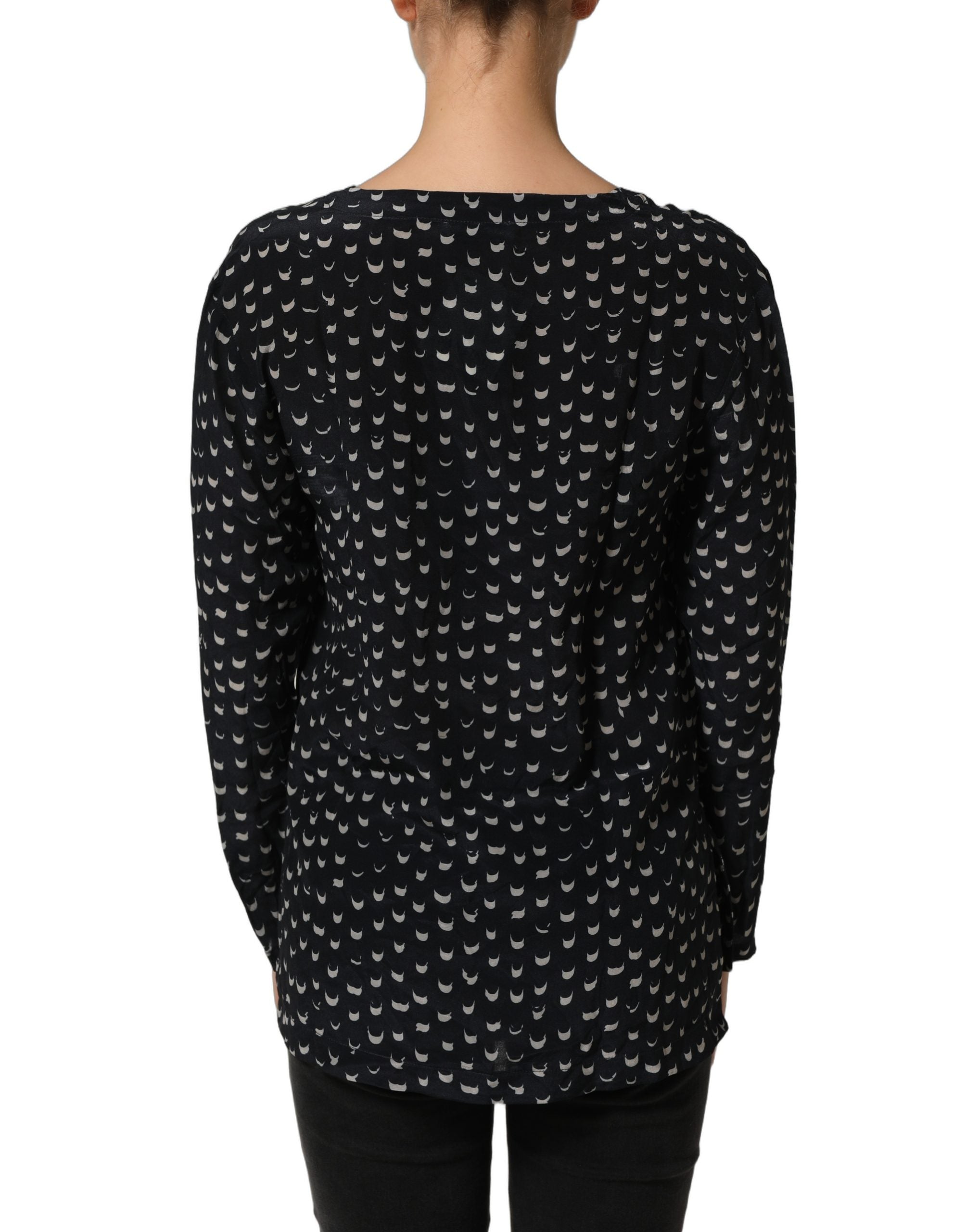 Bruno Manetti Black SIlk Long Sleeves Deep V-neck Blouse Top