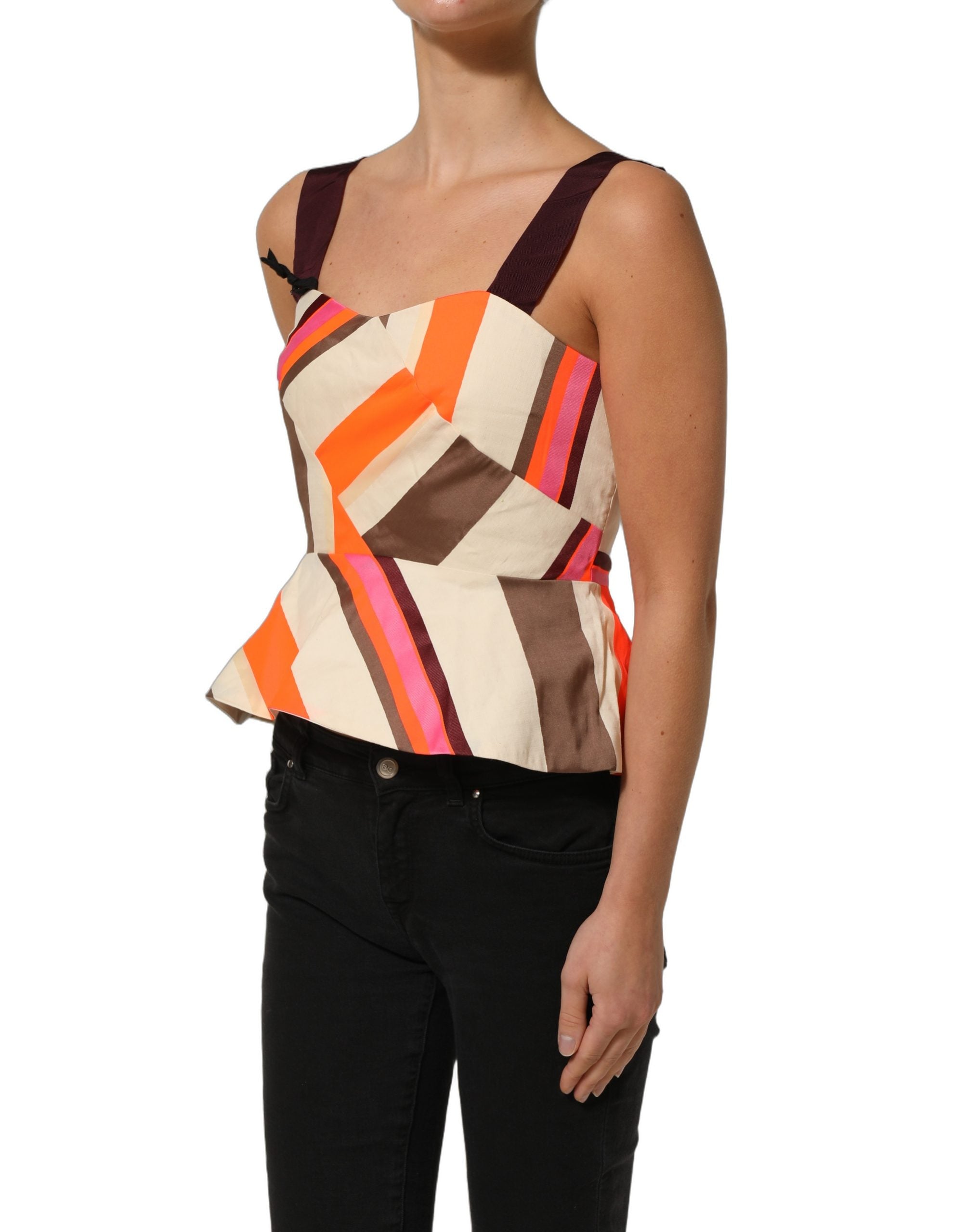 PINKO Multicolor Striped Cotton Sleeveless Draped Peplum Top