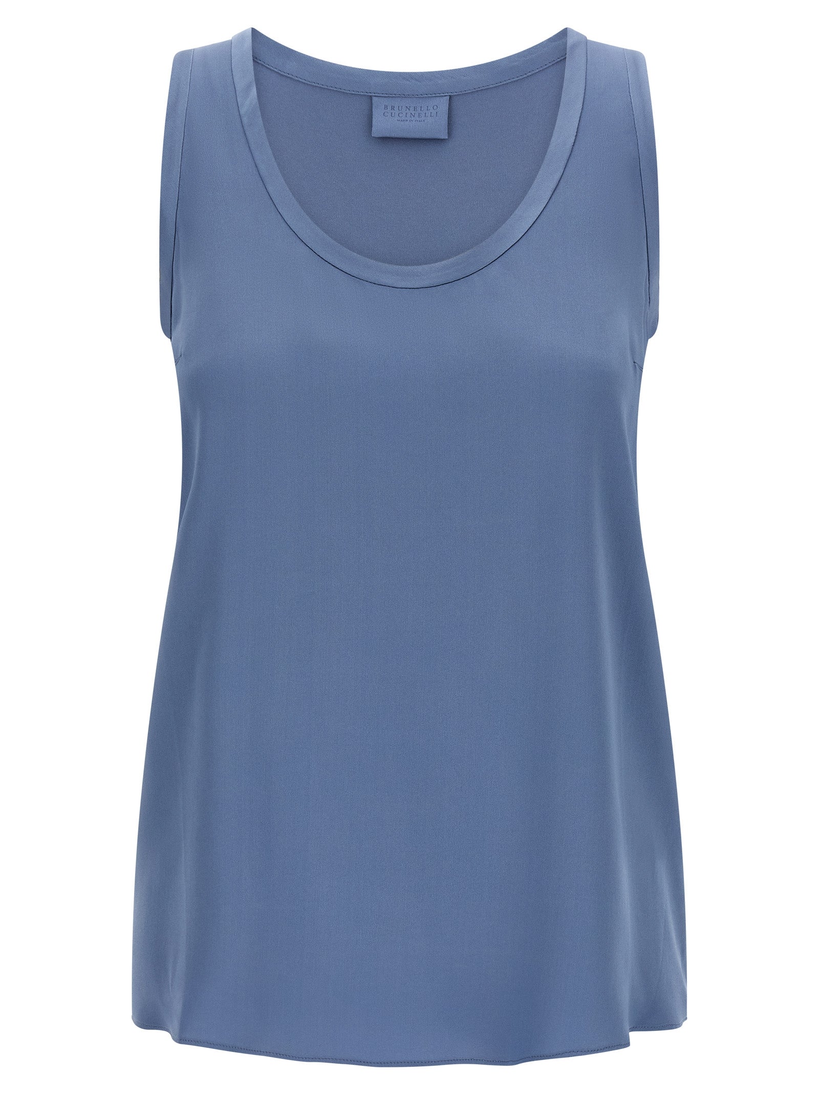 Brunello Cucinelli Blue Silk Sleeveles T-Shirt