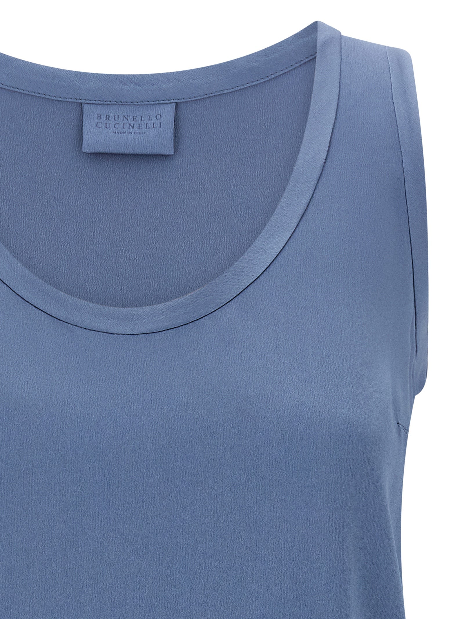 Brunello Cucinelli Blue Silk Sleeveles T-Shirt