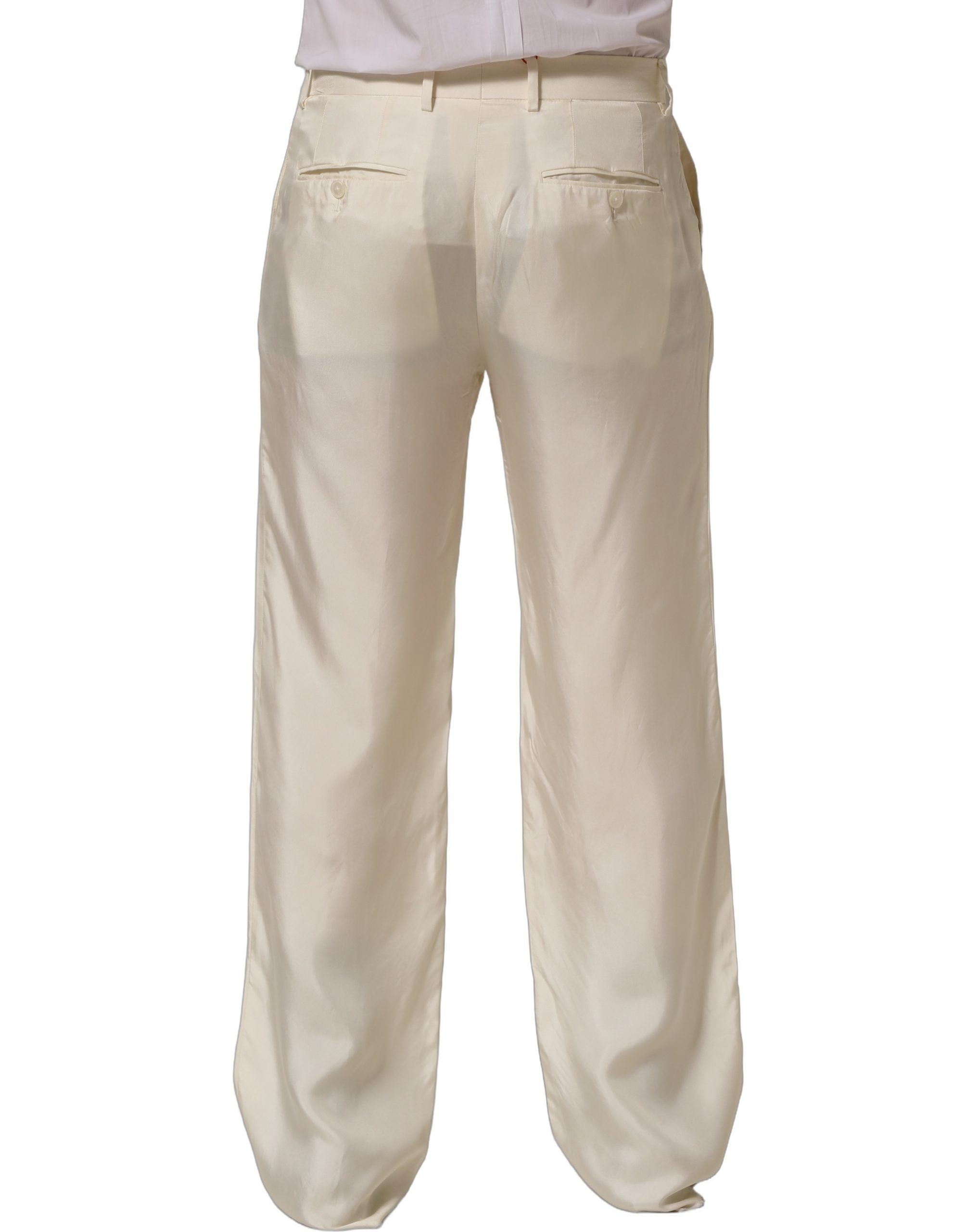 Dolce & Gabbana Off White Silk Straight Wide Leg Trouser Pants