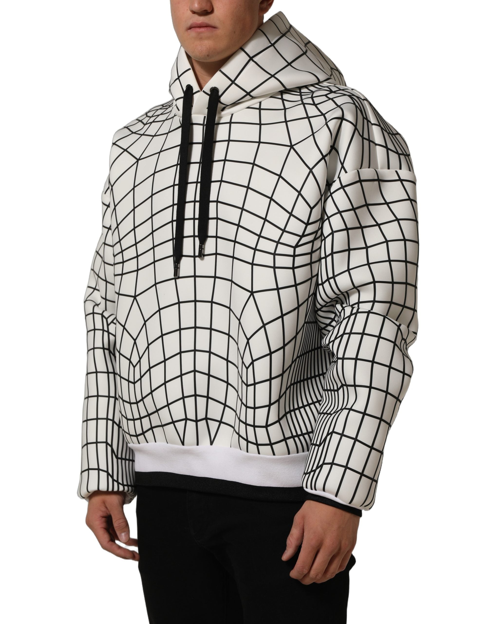 Dolce & Gabbana White Black WarpGrid Pattern Hoodie Sweater