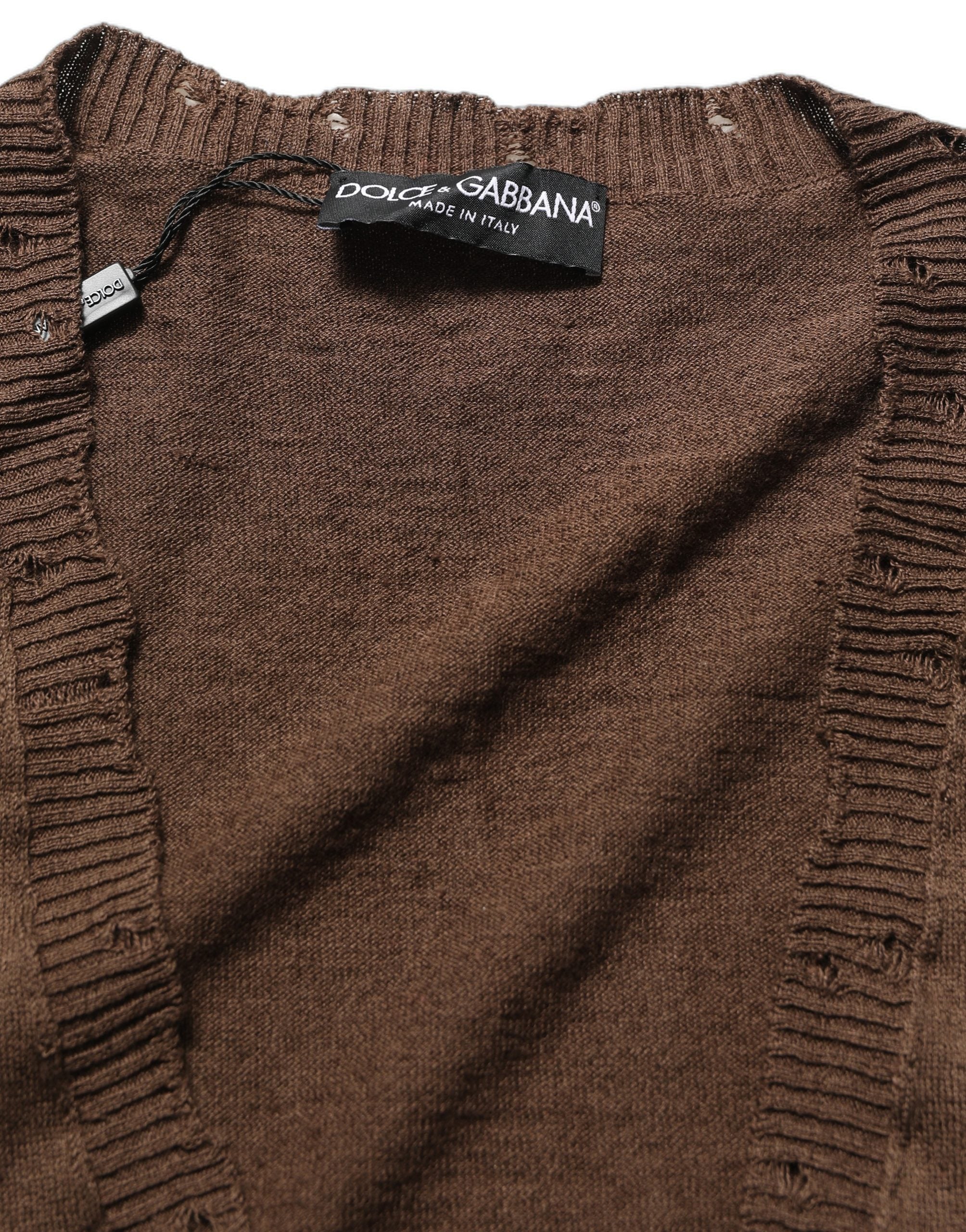 Dolce & Gabbana Brown Flax Buttoned V-neck Pullover Sweater