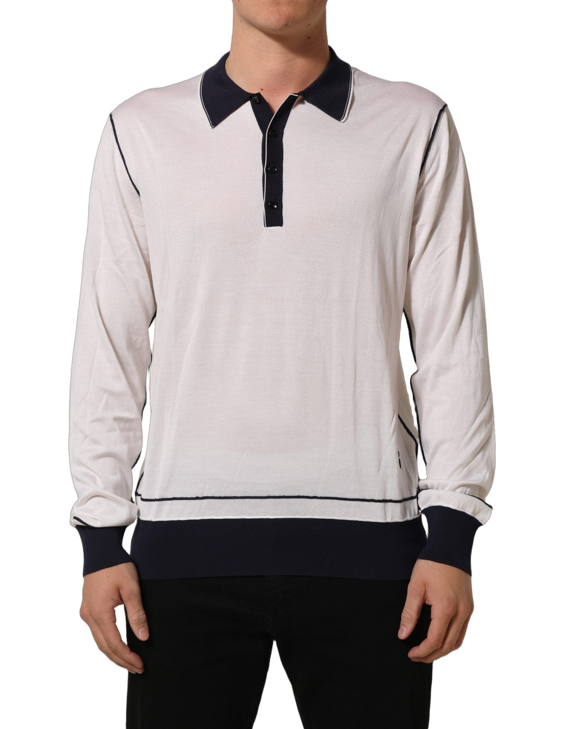 Dolce & Gabbana White Silk Collared Henley Pullover Sweater