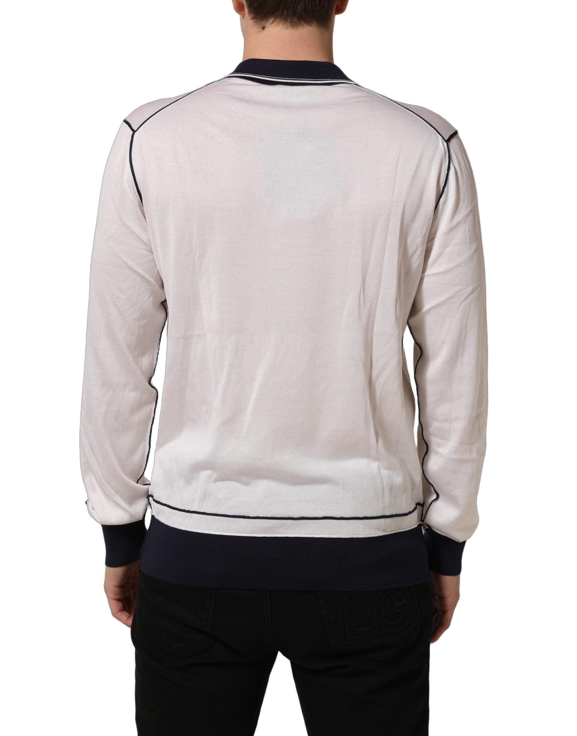 Dolce & Gabbana White Silk Collared Henley Pullover Sweater