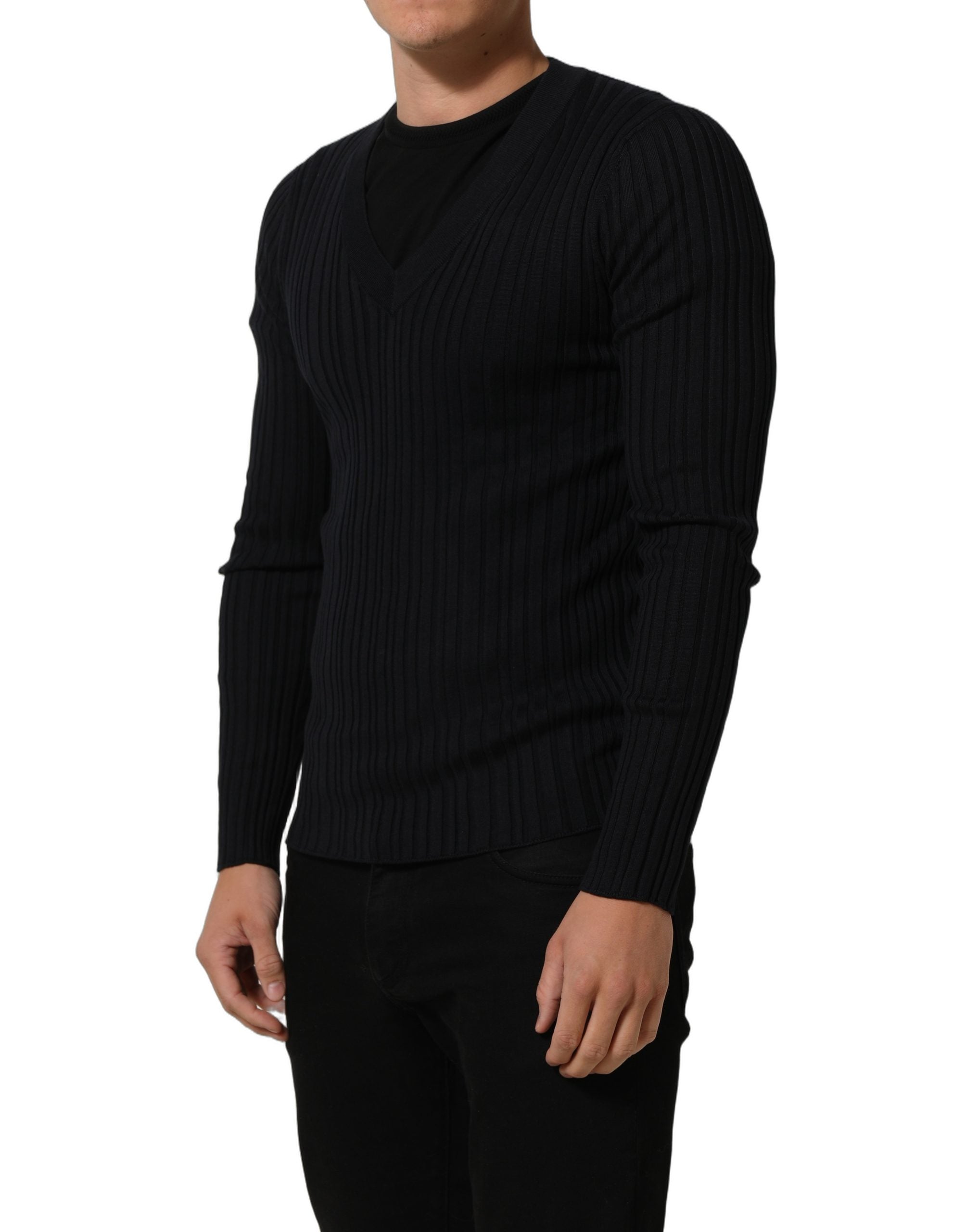 Dolce & Gabbana Black Silk Blend V-neck Pullover Men Sweater