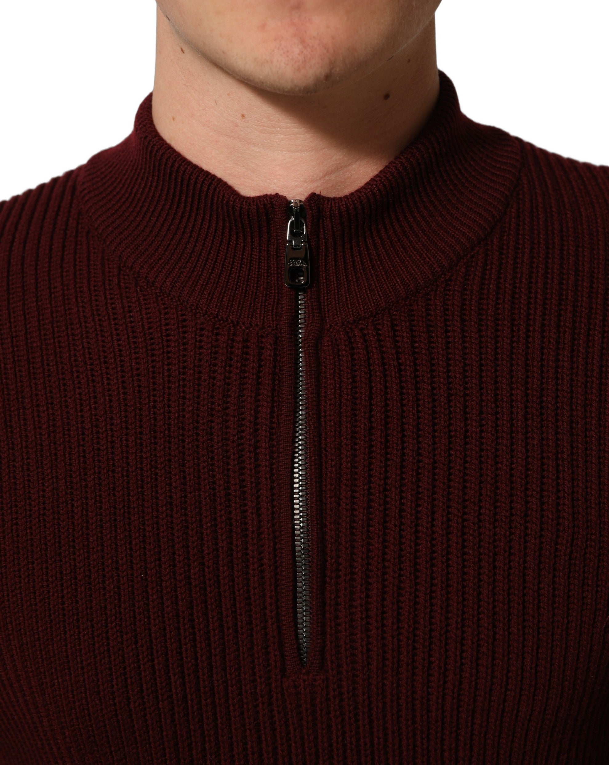 Dolce & Gabbana Burgundy Wool Half Zip Men Pullover Sweater