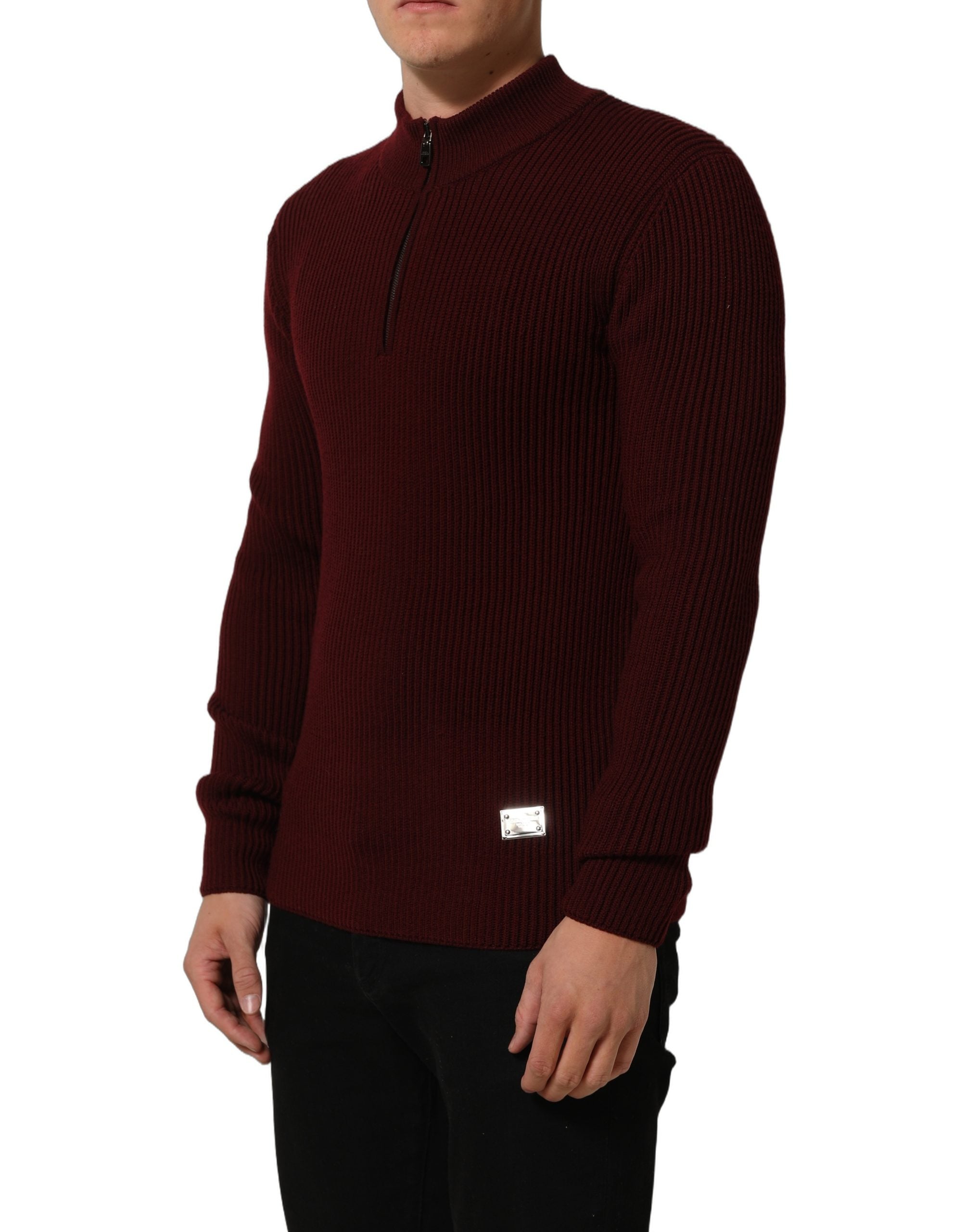 Dolce & Gabbana Burgundy Wool Half Zip Men Pullover Sweater