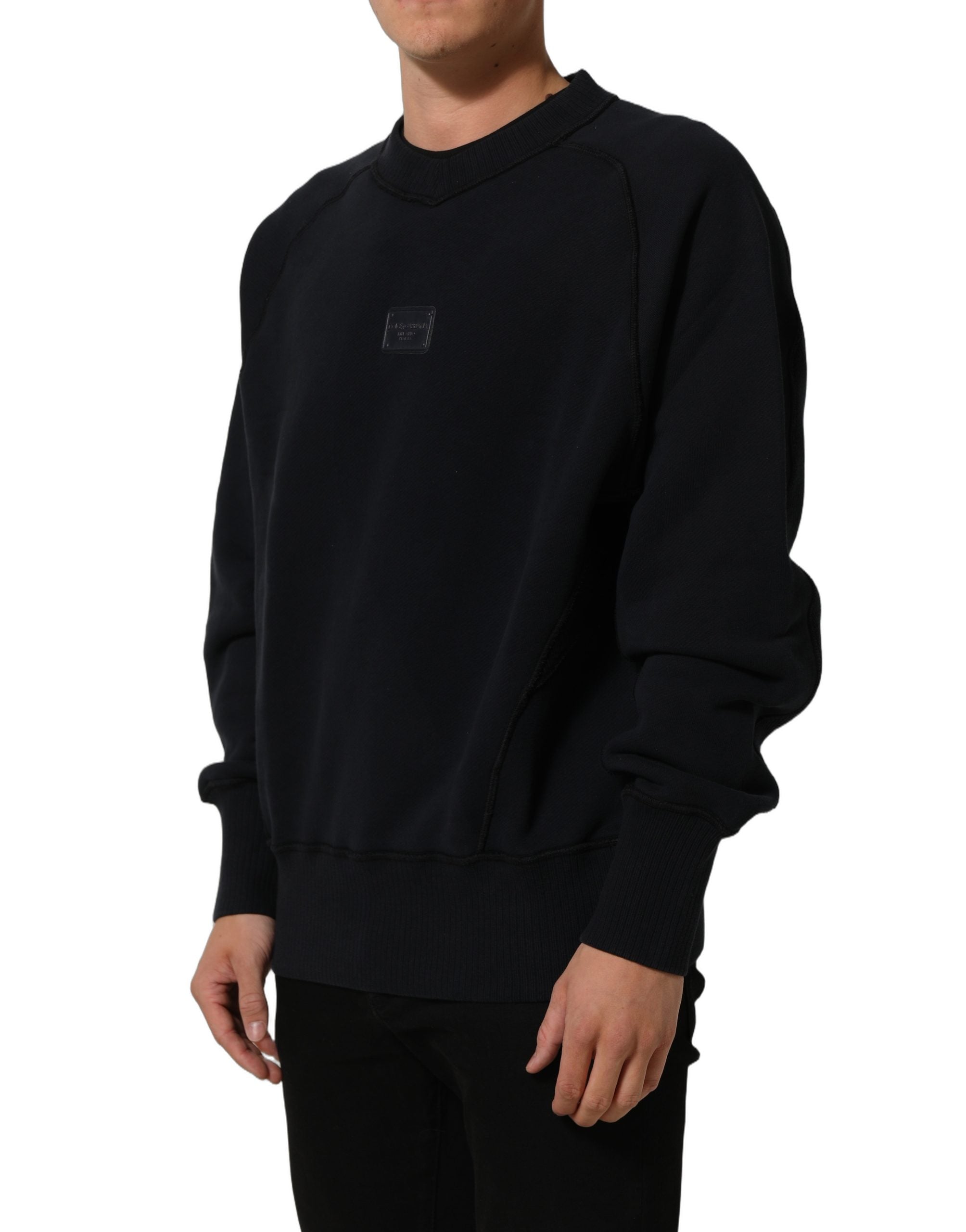 Dolce & Gabbana Black Logo Plaque Cotton Crew Neck Pullover Sweater