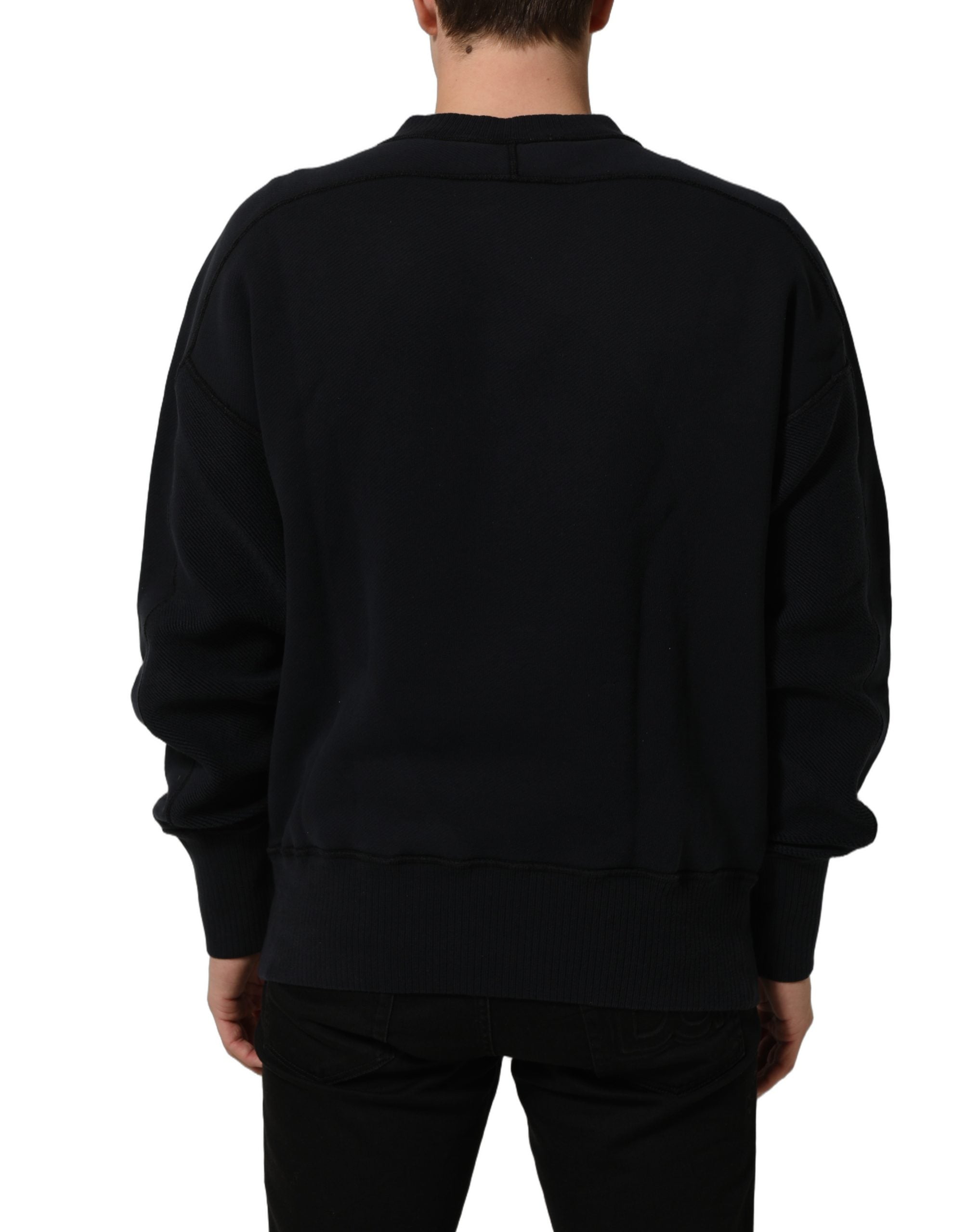 Dolce & Gabbana Black Logo Plaque Cotton Crew Neck Pullover Sweater